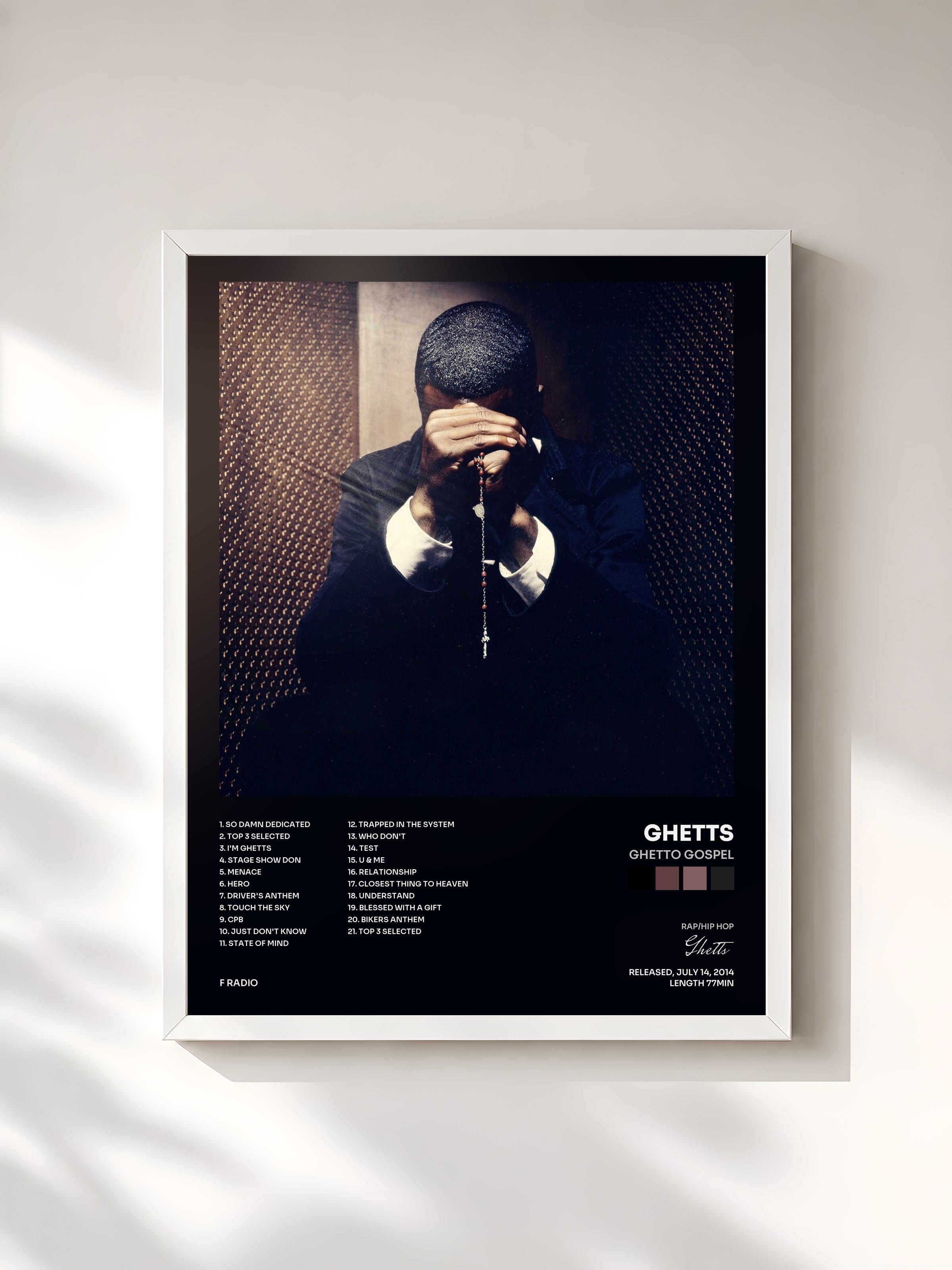 #blanc Tableau de l'album Ghetto Gospel de Ghetts, cadre blanc, imprimé et encadré en France