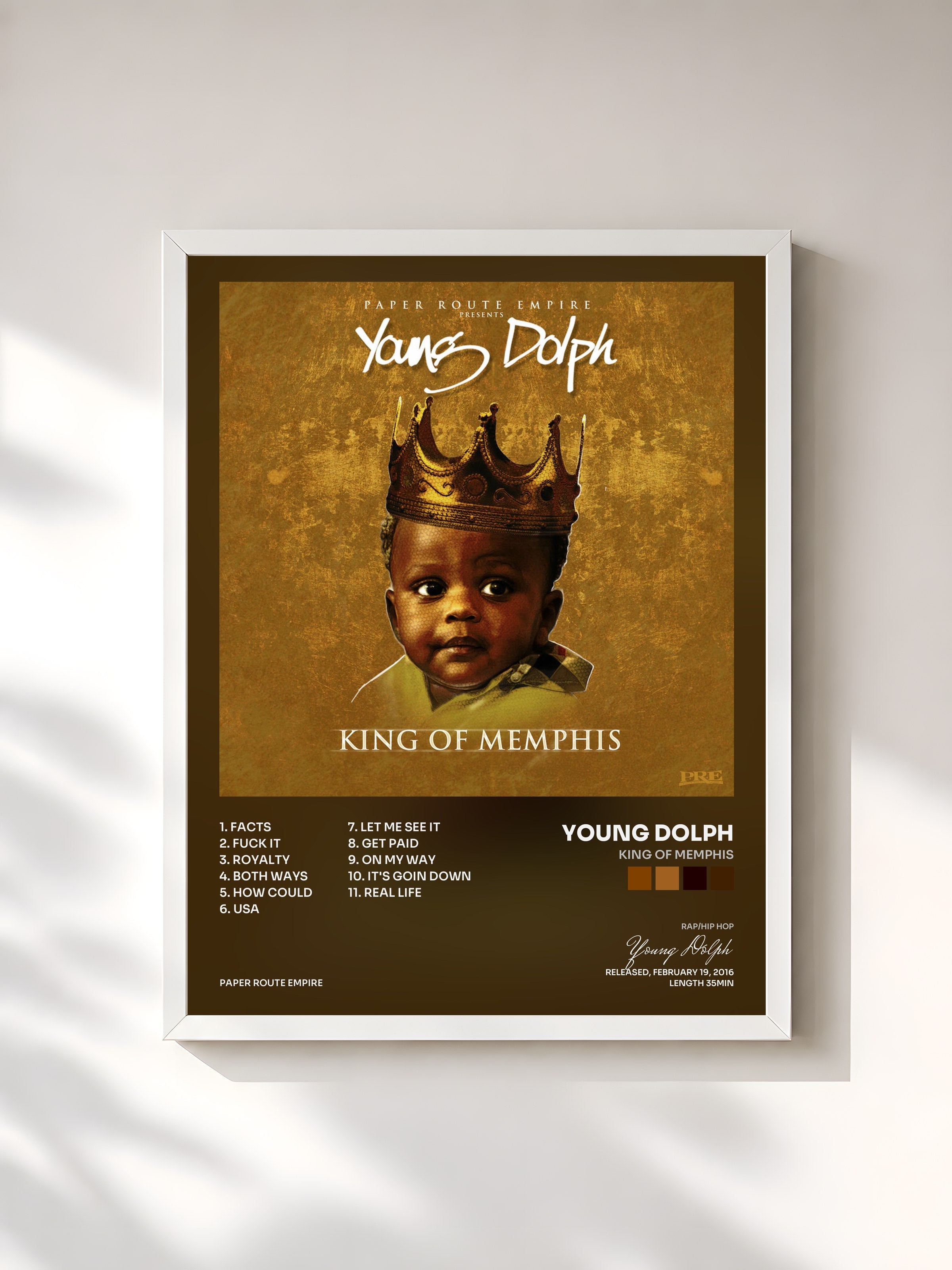 #blanc Tableau de l'album King of Memphis de Young Dolph, cadre blanc, imprimé et encadré en France