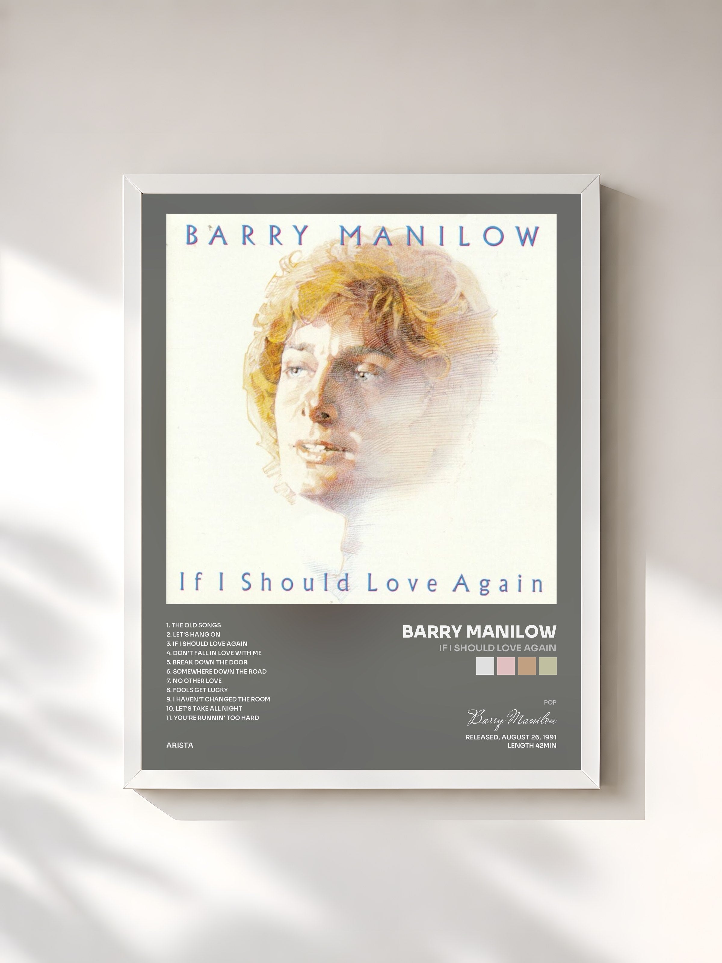 #blanc Tableau de l'album If I Should Love Again de Barry Manilow, cadre blanc, imprimé et encadré en France