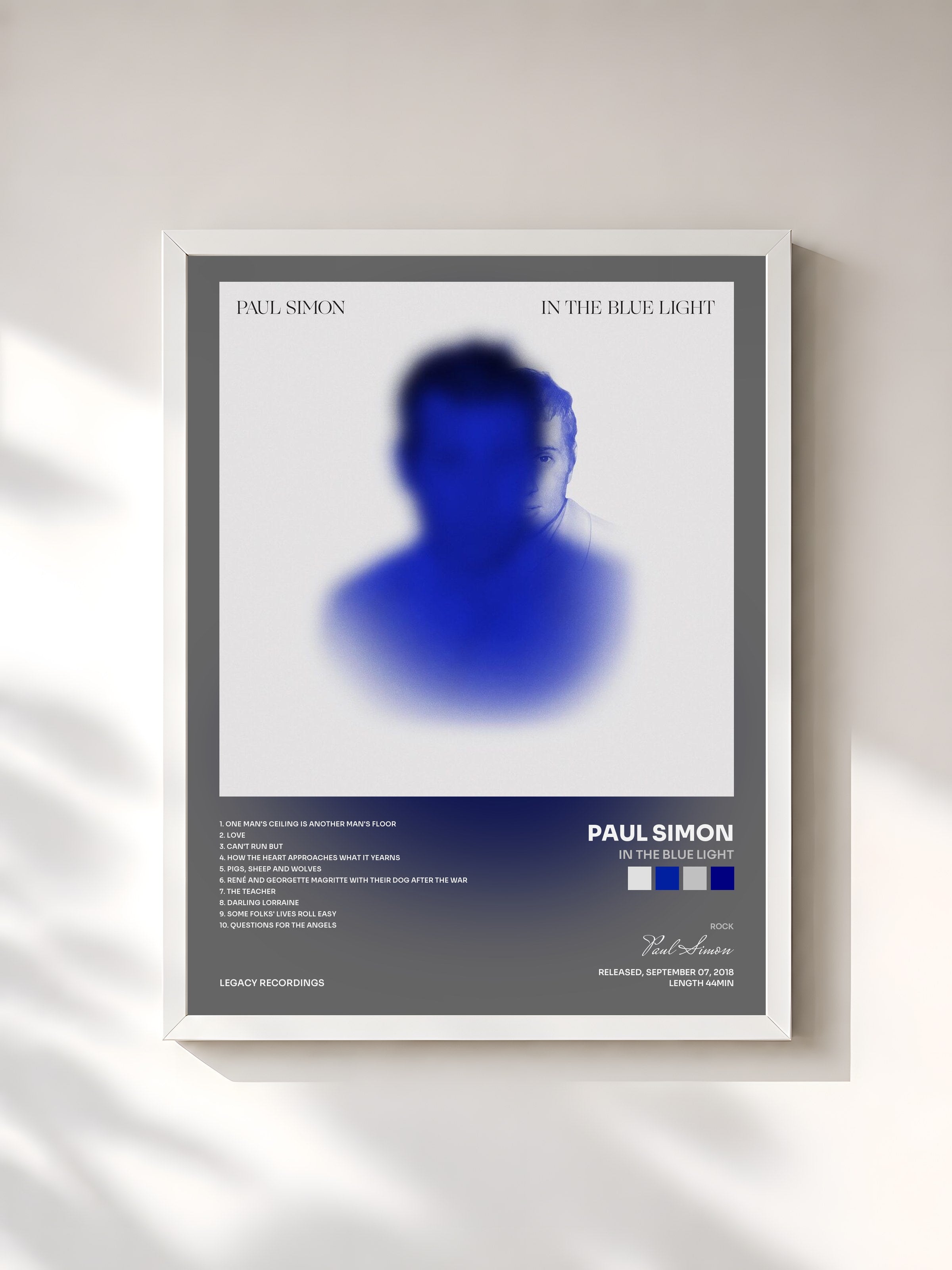 #blanc Tableau de l'album In the Blue Light de Paul Simon, cadre blanc, imprimé et encadré en France