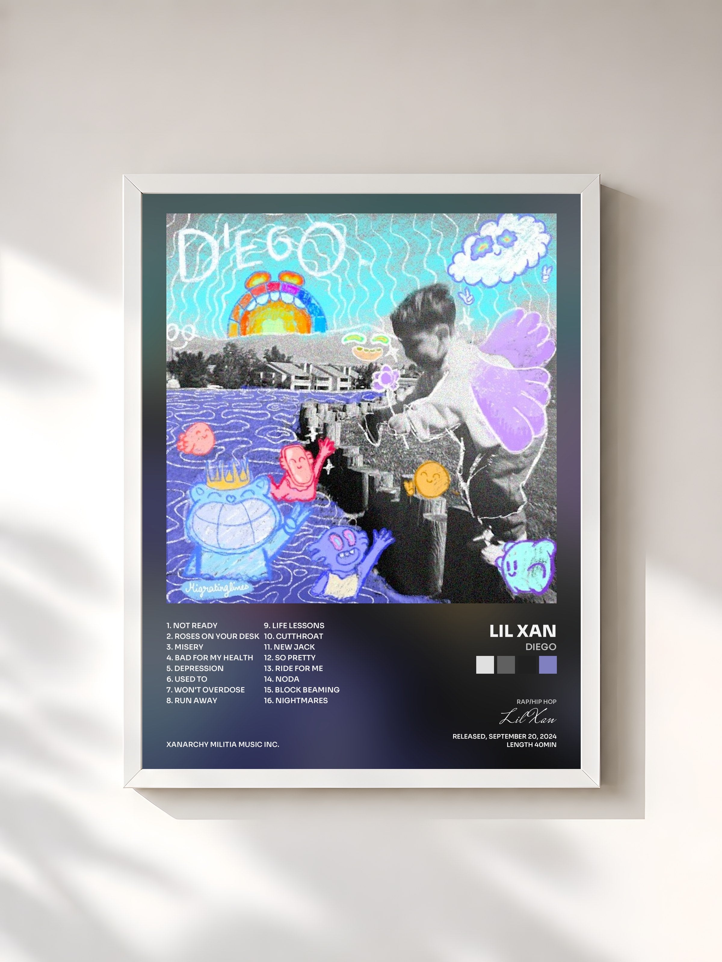 #blanc Tableau de l'album Diego de Lil Xan, cadre blanc, imprimé et encadré en France