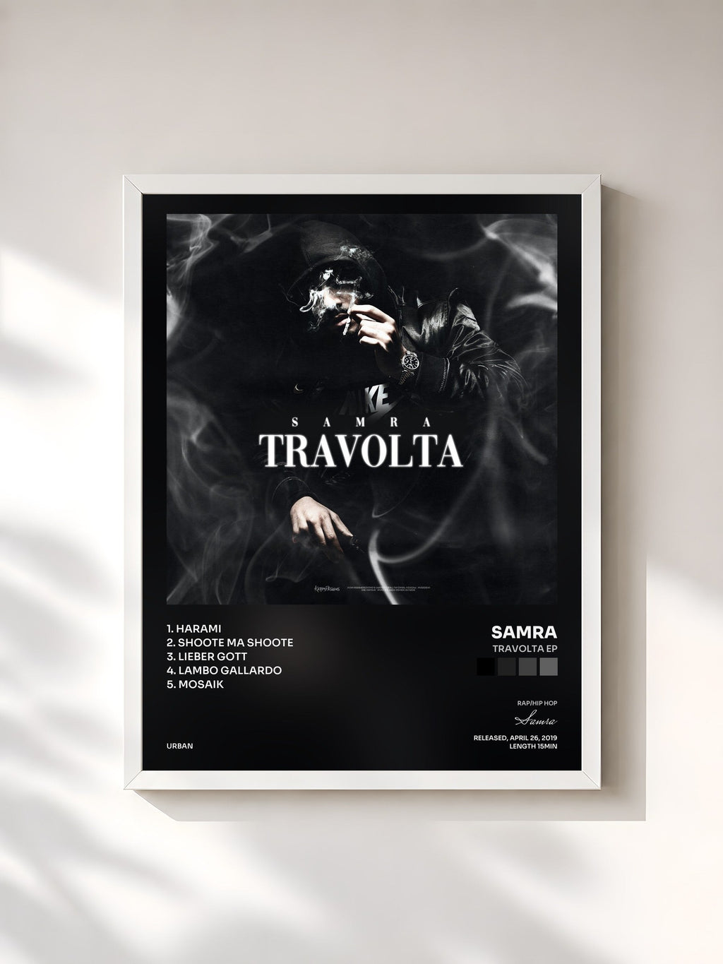 #blanc Tableau de l'album Travolta EP de Samra, cadre blanc, imprimé et encadré en France