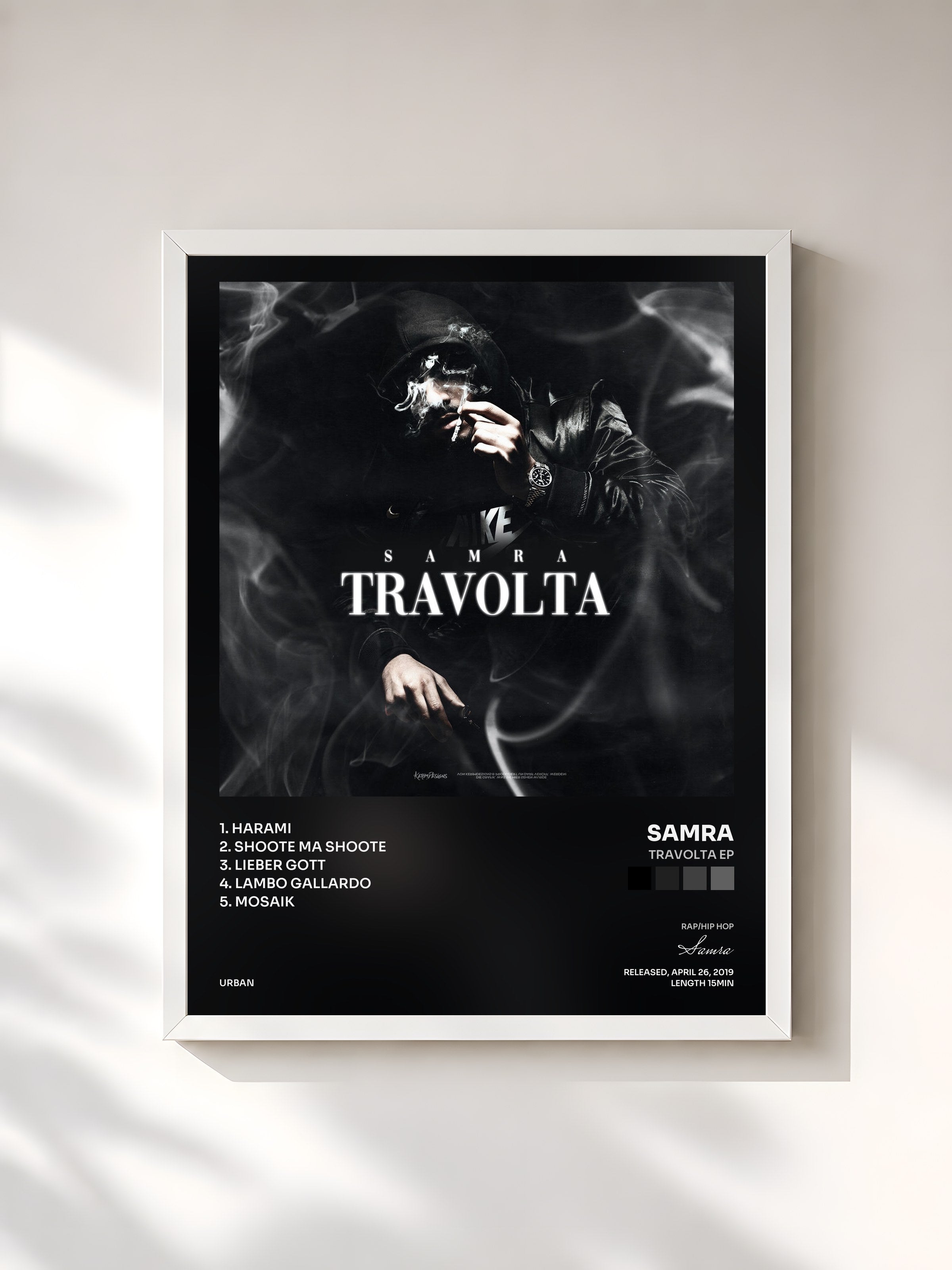 #blanc Tableau de l'album Travolta EP de Samra, cadre blanc, imprimé et encadré en France