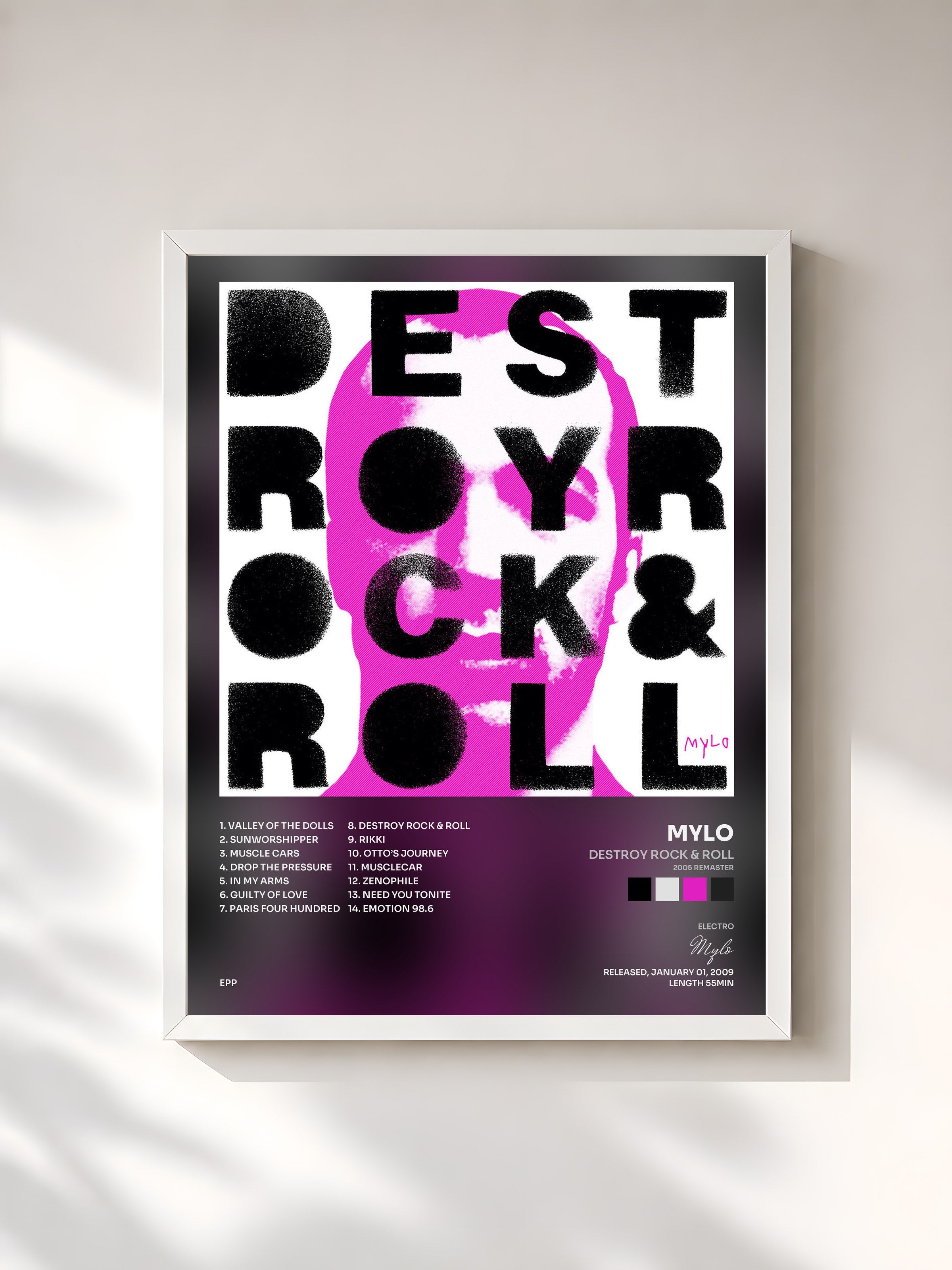 #blanc Tableau de l'album Destroy Rock & Roll (2005 Remaster) de Mylo, cadre blanc, imprimé et encadré en France