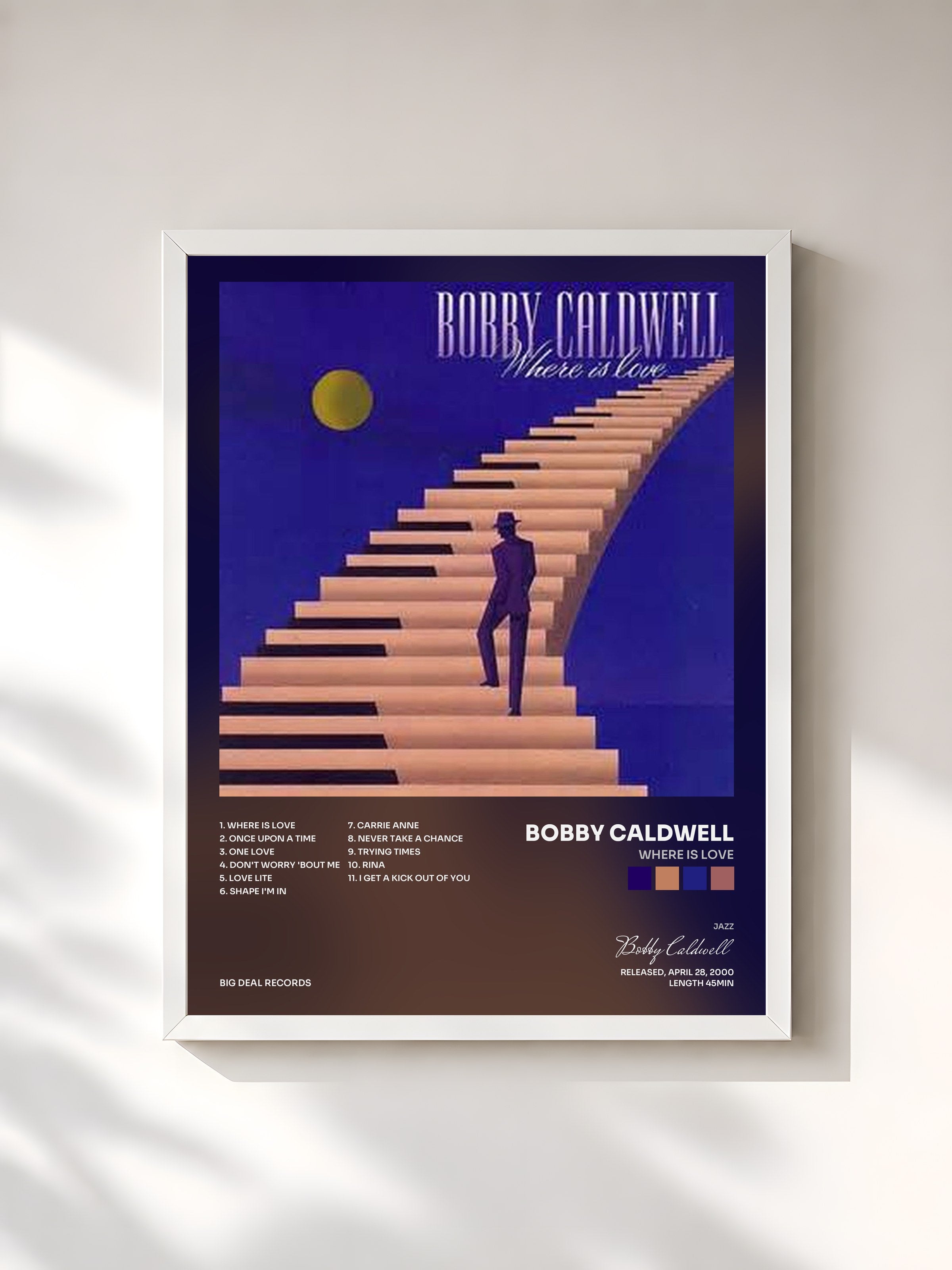 #blanc Tableau de l'album Where is Love de Bobby Caldwell, cadre blanc, imprimé et encadré en France