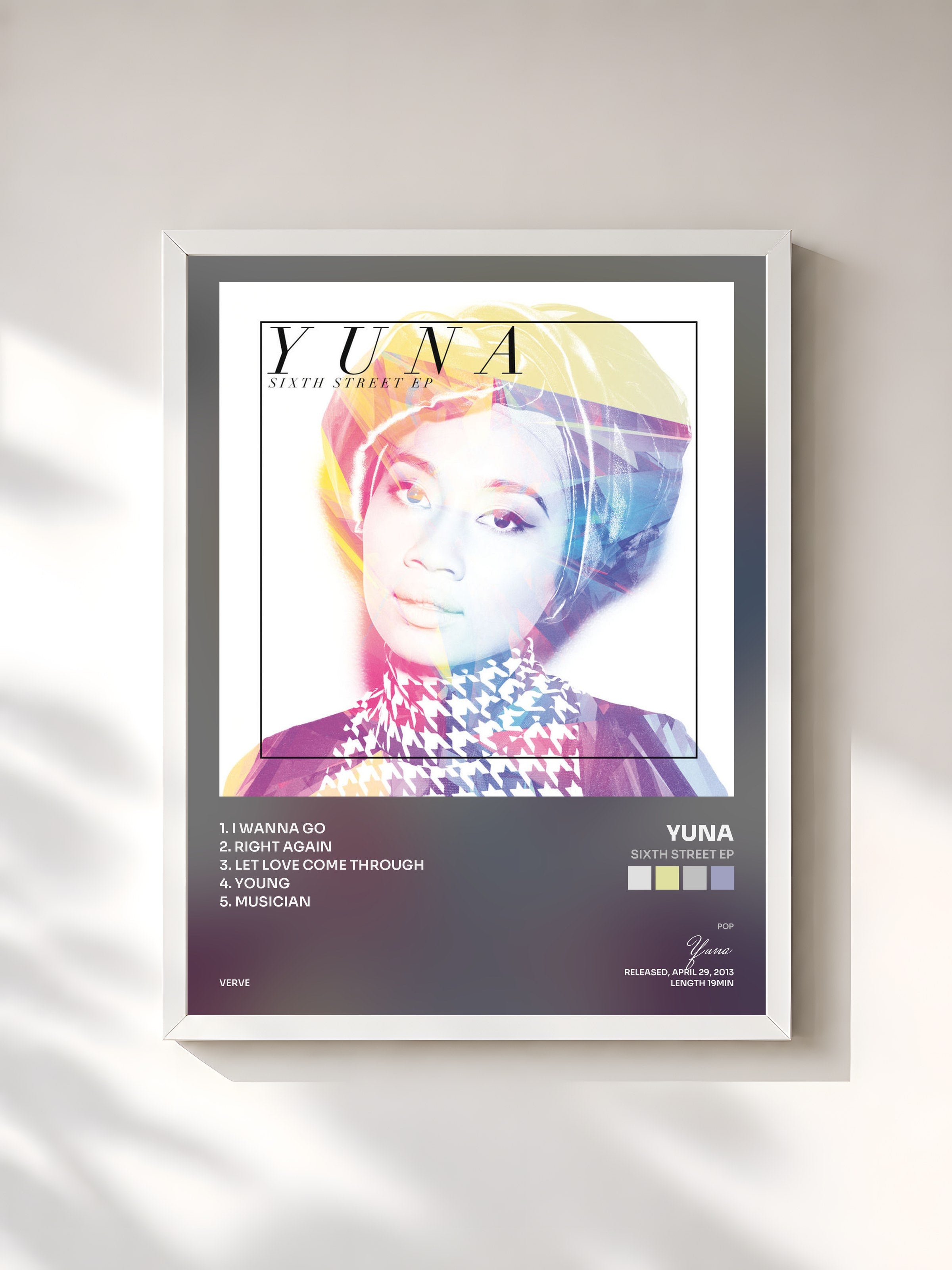 #blanc Tableau de l'album Sixth Street EP de Yuna, cadre blanc, imprimé et encadré en France