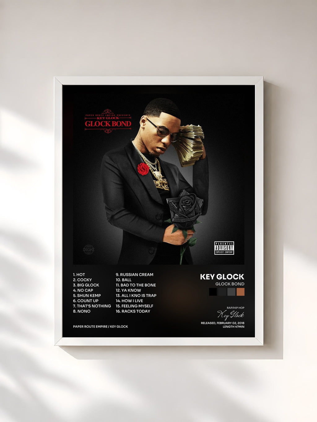 #blanc Tableau de l'album Glock Bond de Key Glock, cadre blanc, imprimé et encadré en France