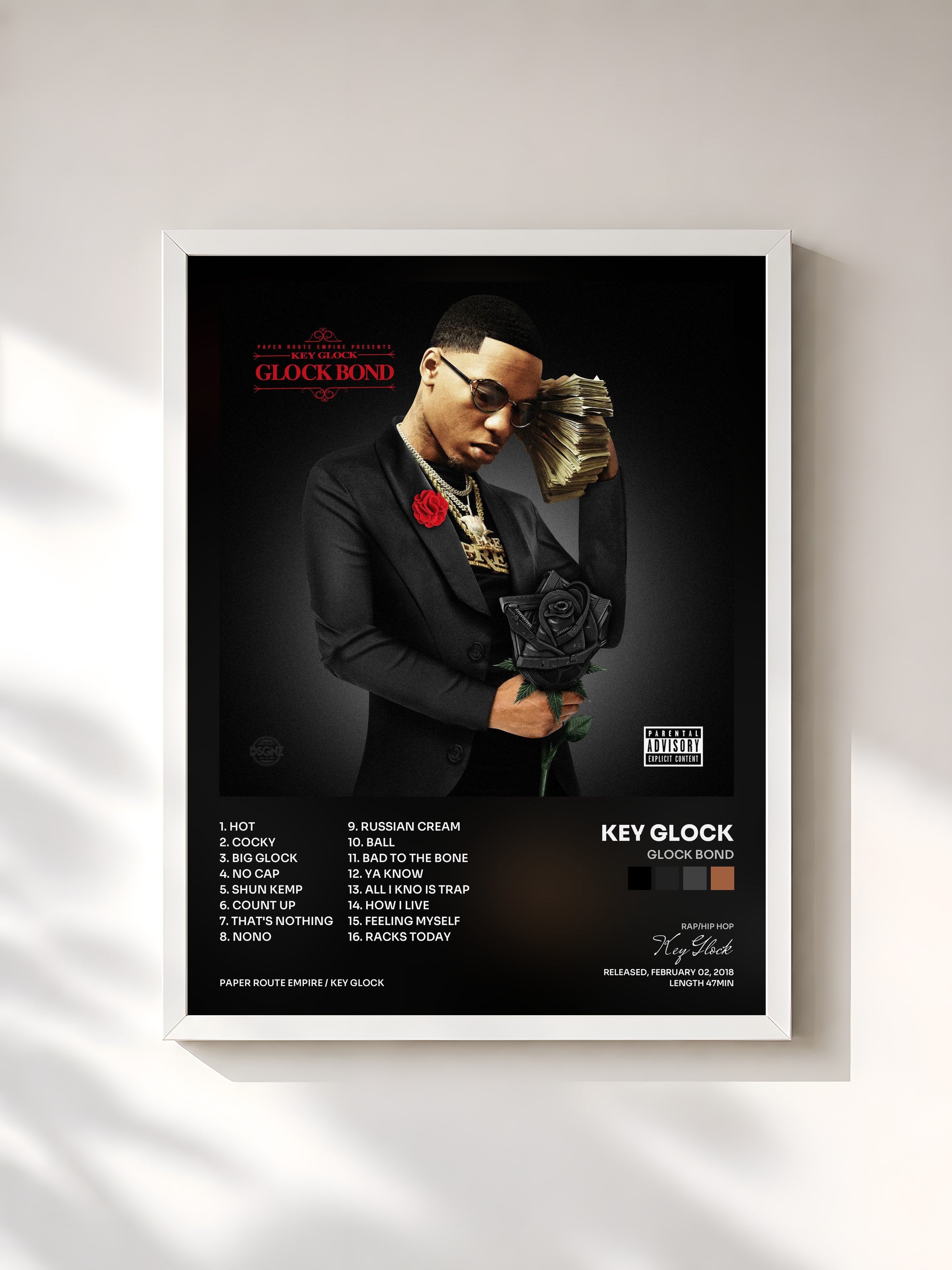#blanc Tableau de l'album Glock Bond de Key Glock, cadre blanc, imprimé et encadré en France