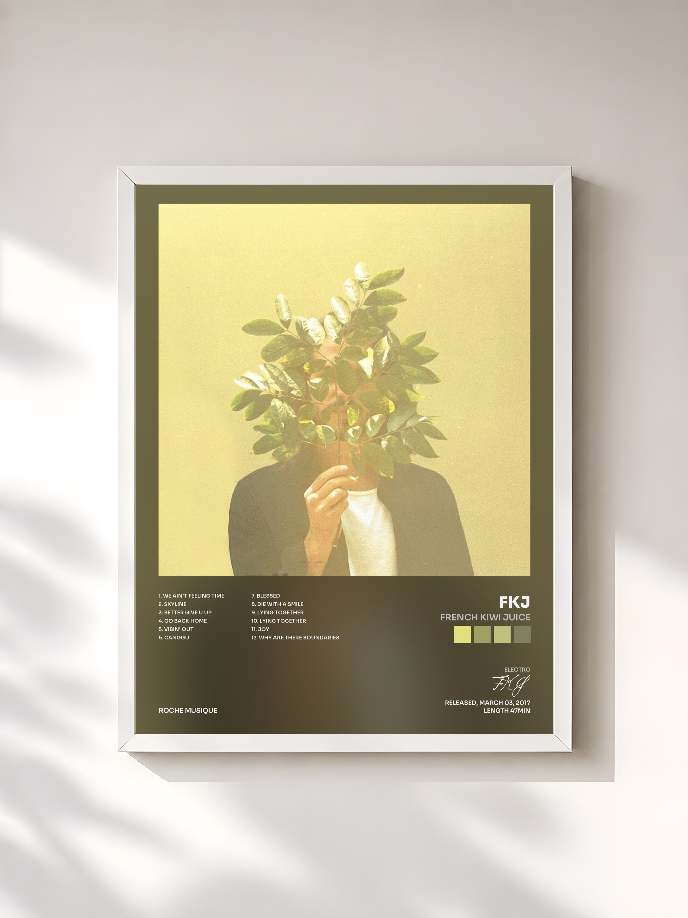 #blanc Tableau de l'album French Kiwi Juice de FKJ, cadre blanc, imprimé et encadré en France