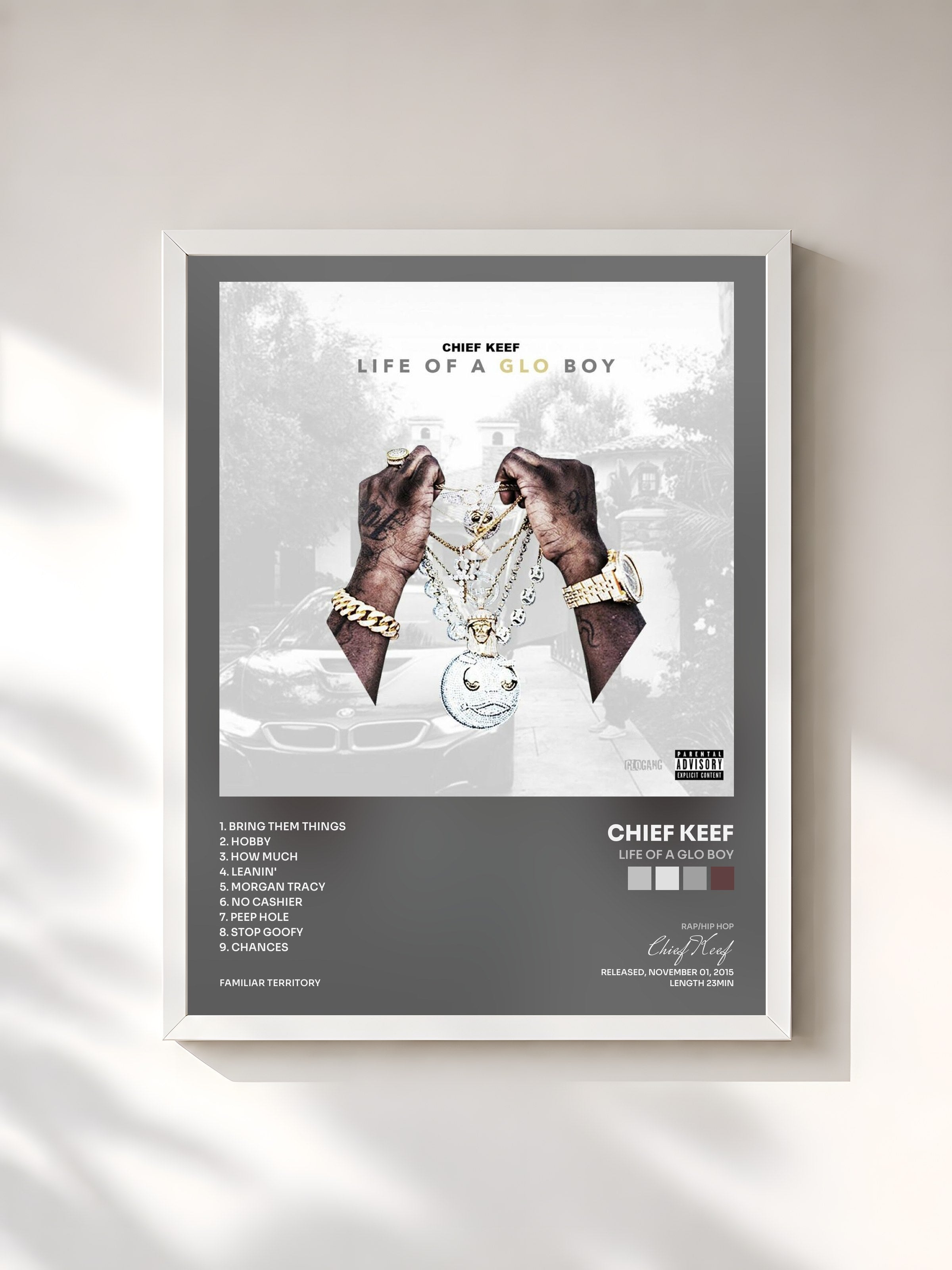 #blanc Tableau de l'album Life Of A GLO Boy de Chief Keef, cadre blanc, imprimé et encadré en France