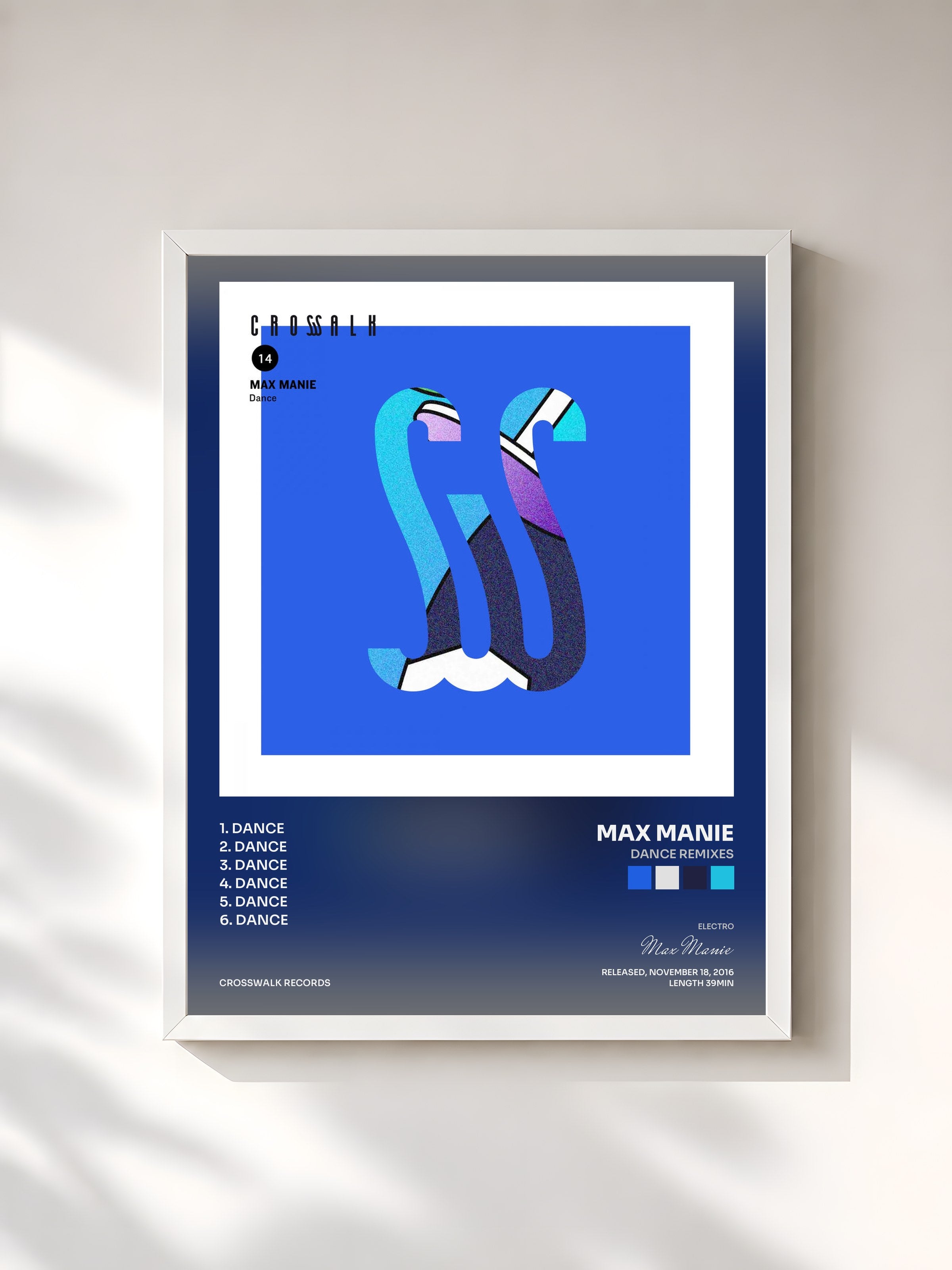 #blanc Tableau de l'album Dance Remixes de Max Manie, cadre blanc, imprimé et encadré en France