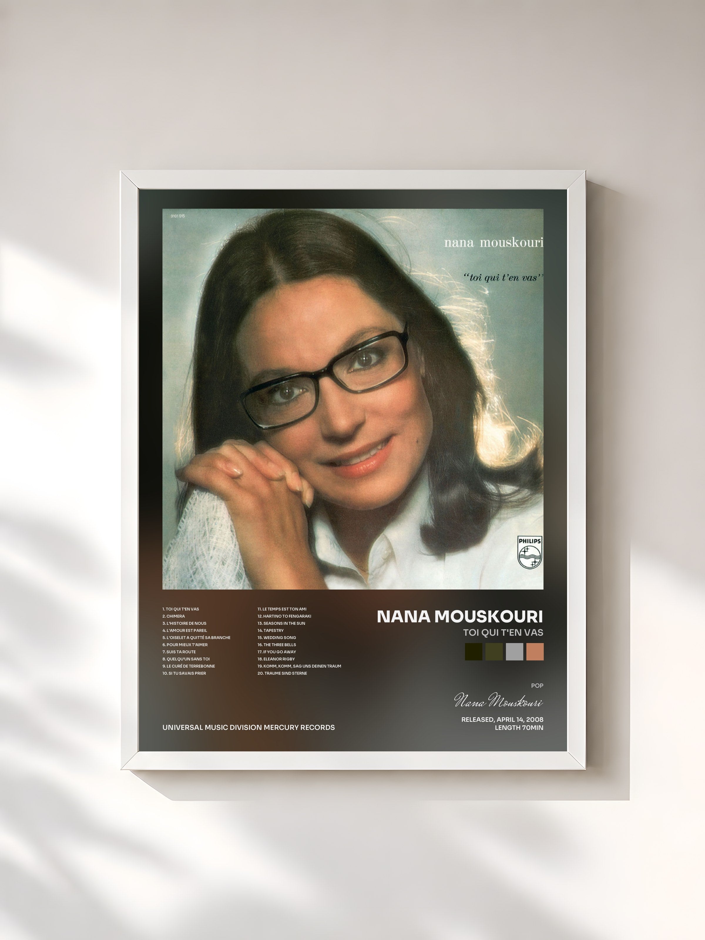 #blanc Tableau de l'album Toi Qui T'En Vas de Nana Mouskouri, cadre blanc, imprimé et encadré en France