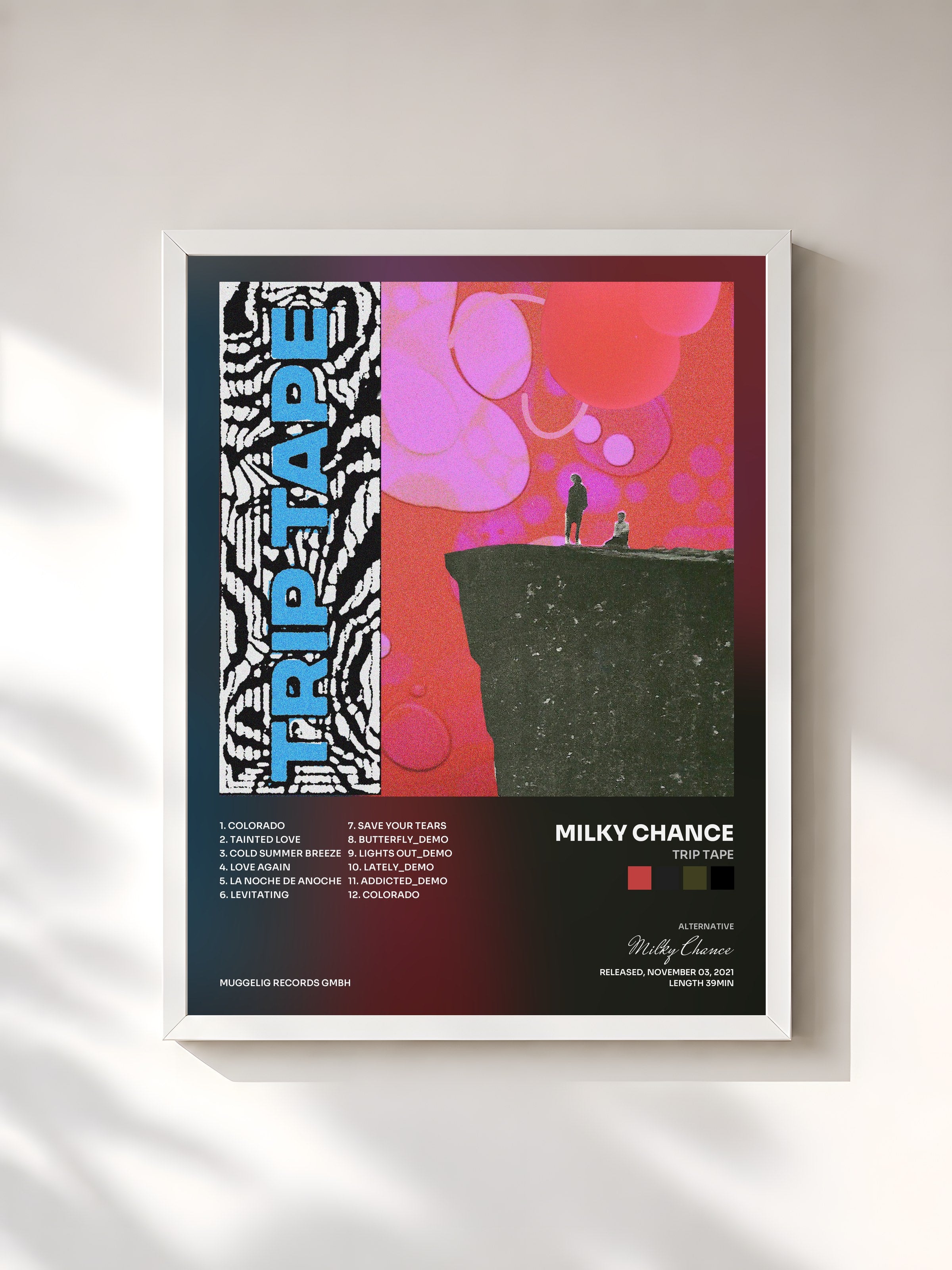 #blanc Tableau de l'album Trip Tape de Milky Chance, cadre blanc, imprimé et encadré en France