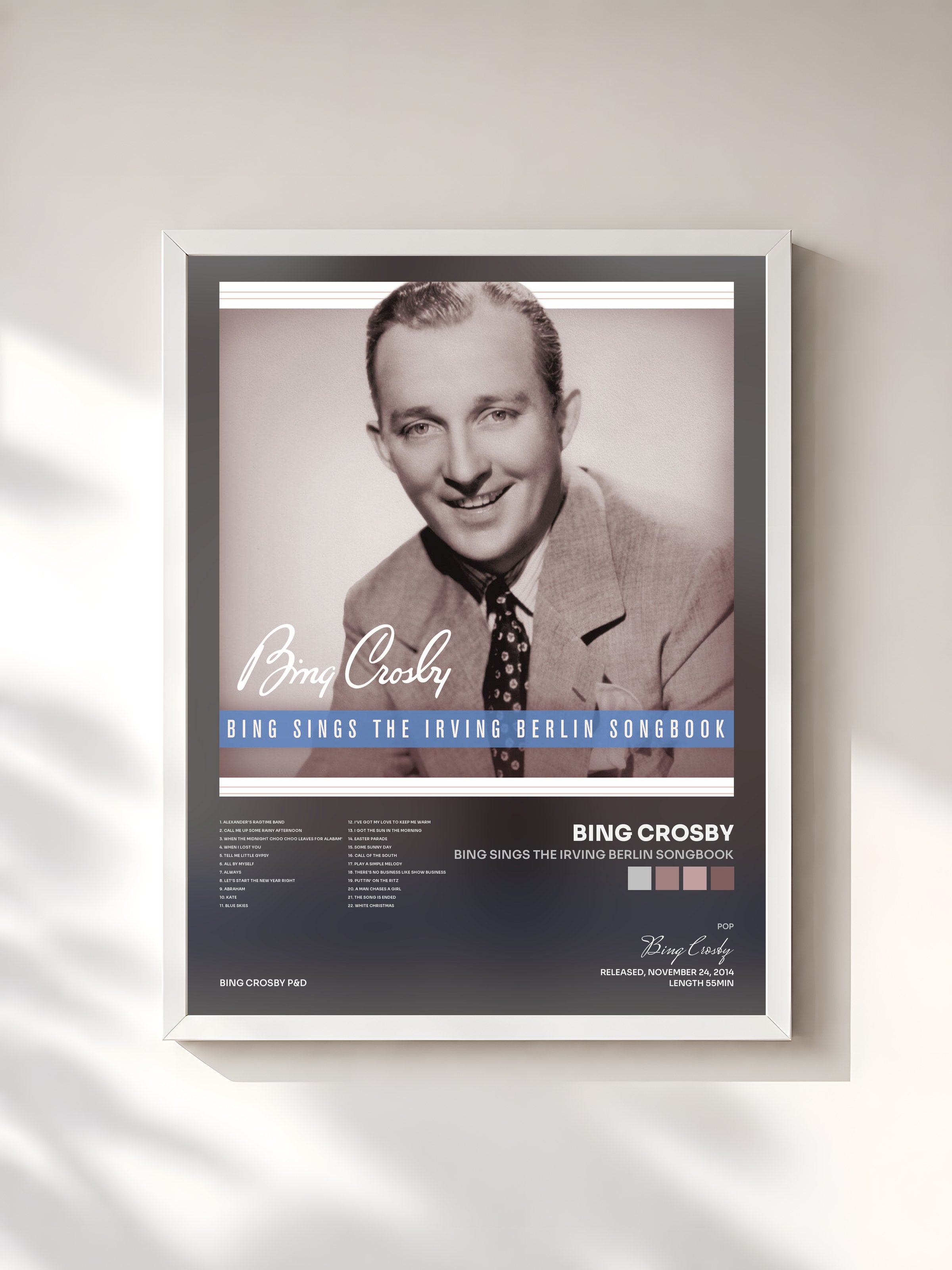 #blanc Tableau de l'album Bing Sings The Irving Berlin Songbook de Bing Crosby, cadre blanc, imprimé et encadré en France