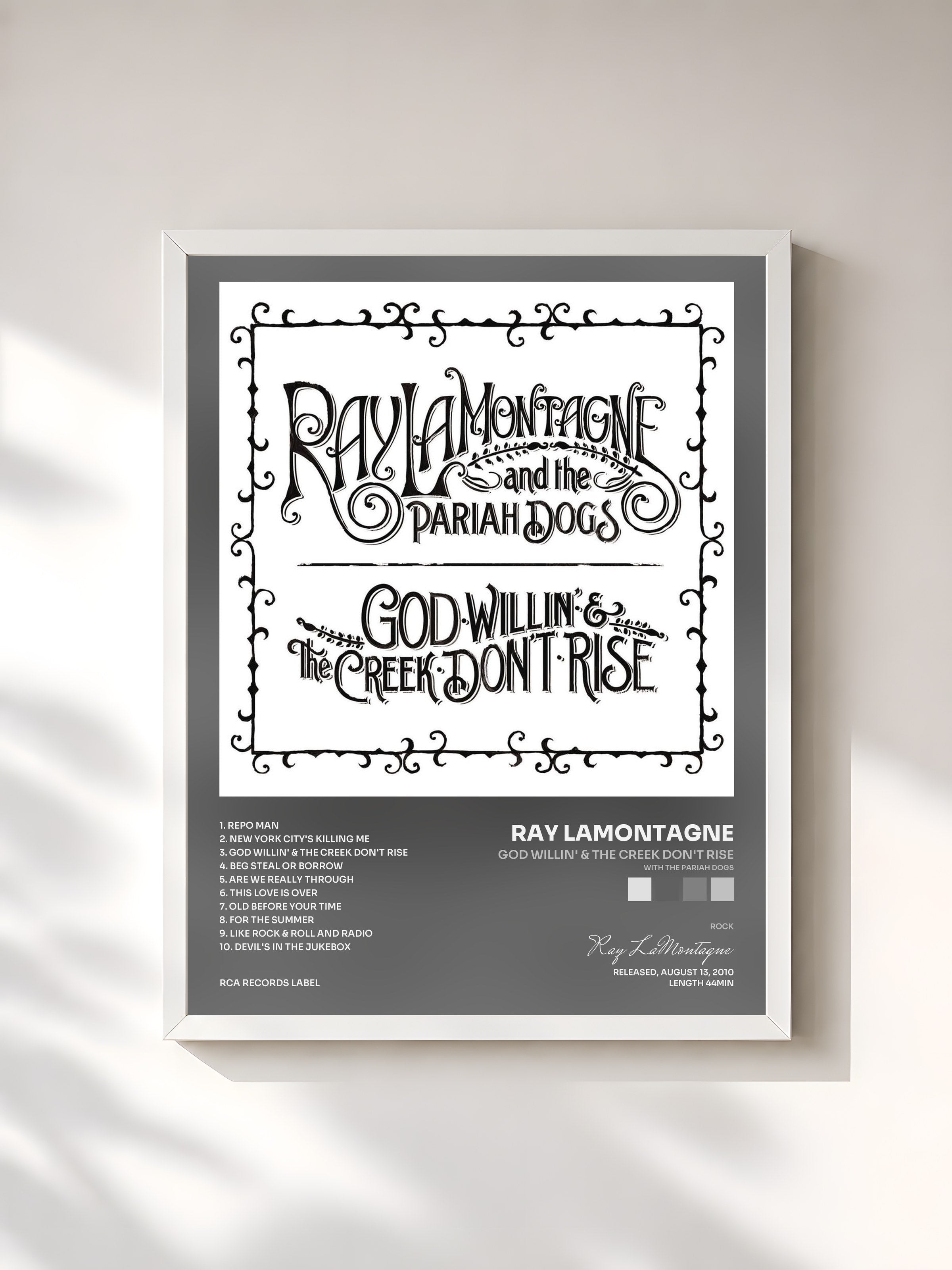 #blanc Tableau de l'album God Willin' & The Creek Don't Rise (with The Pariah Dogs) de Ray LaMontagne, cadre blanc, imprimé et encadré en France