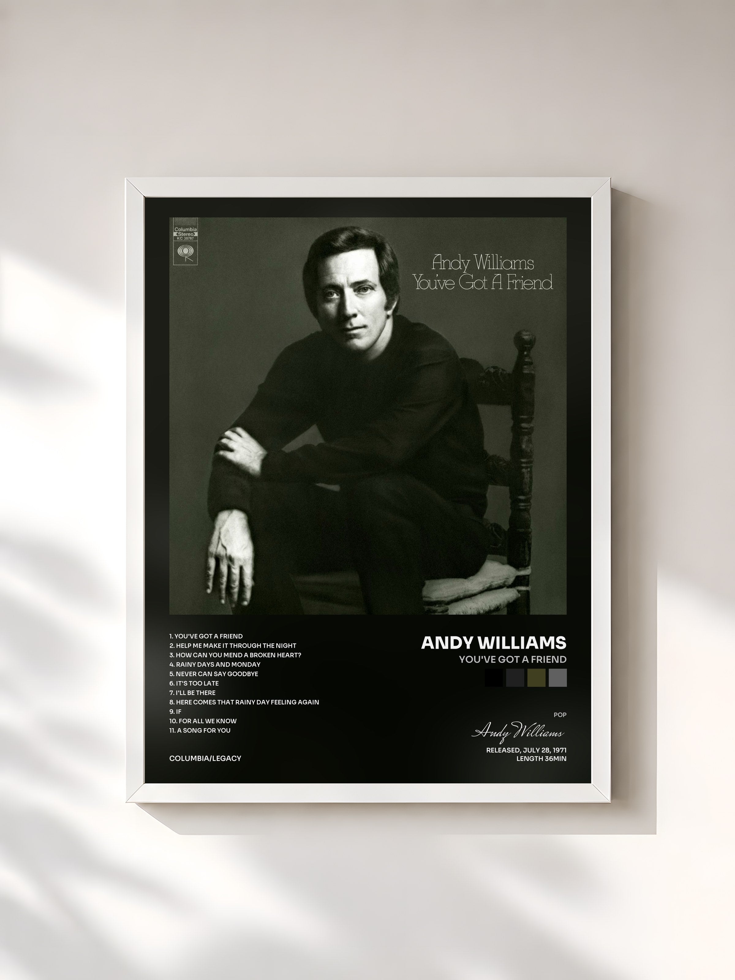 #blanc Tableau de l'album You've Got a Friend de Andy Williams, cadre blanc, imprimé et encadré en France