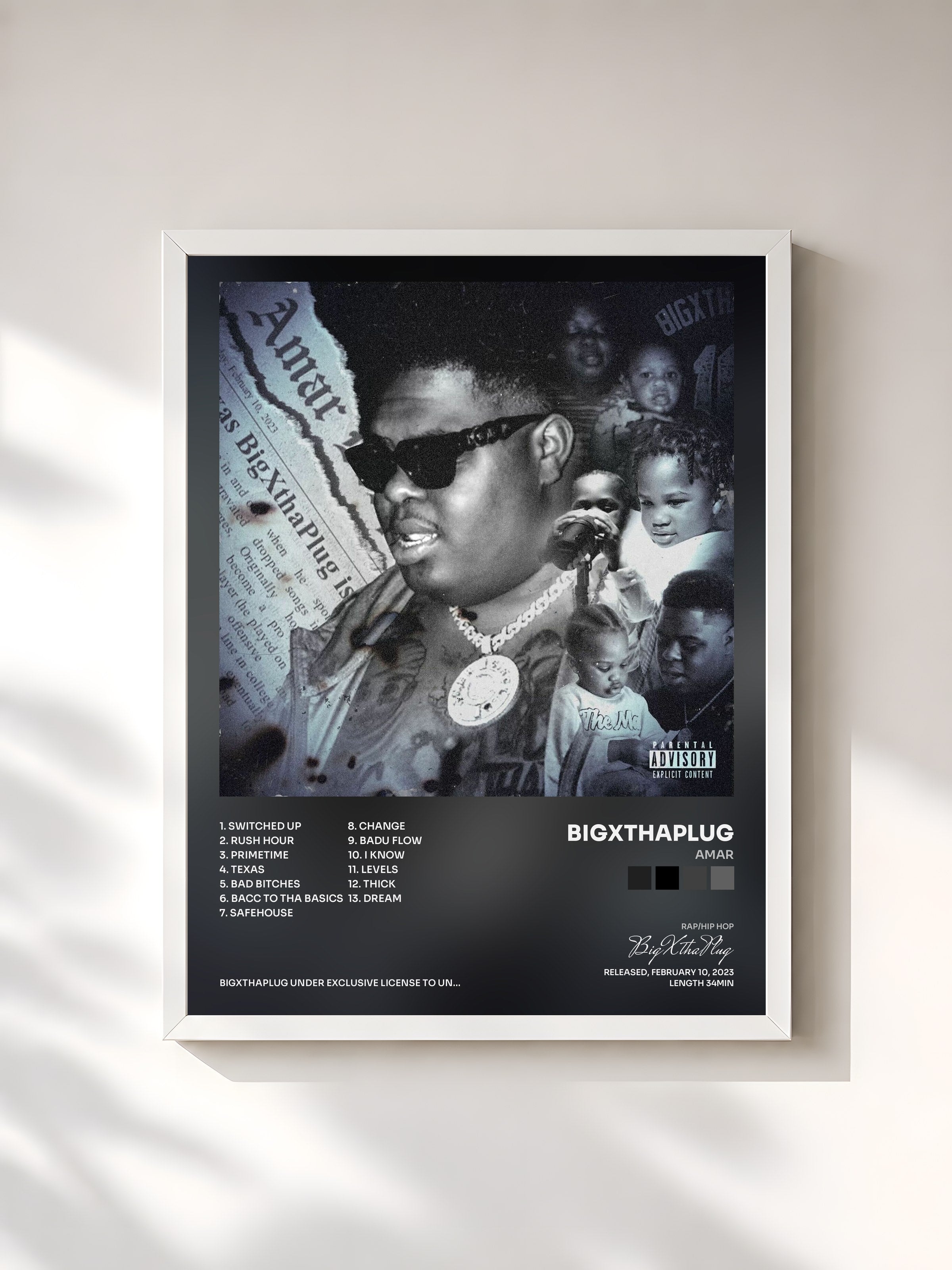#blanc Tableau de l'album AMAR de BigXthaPlug, cadre blanc, imprimé et encadré en France