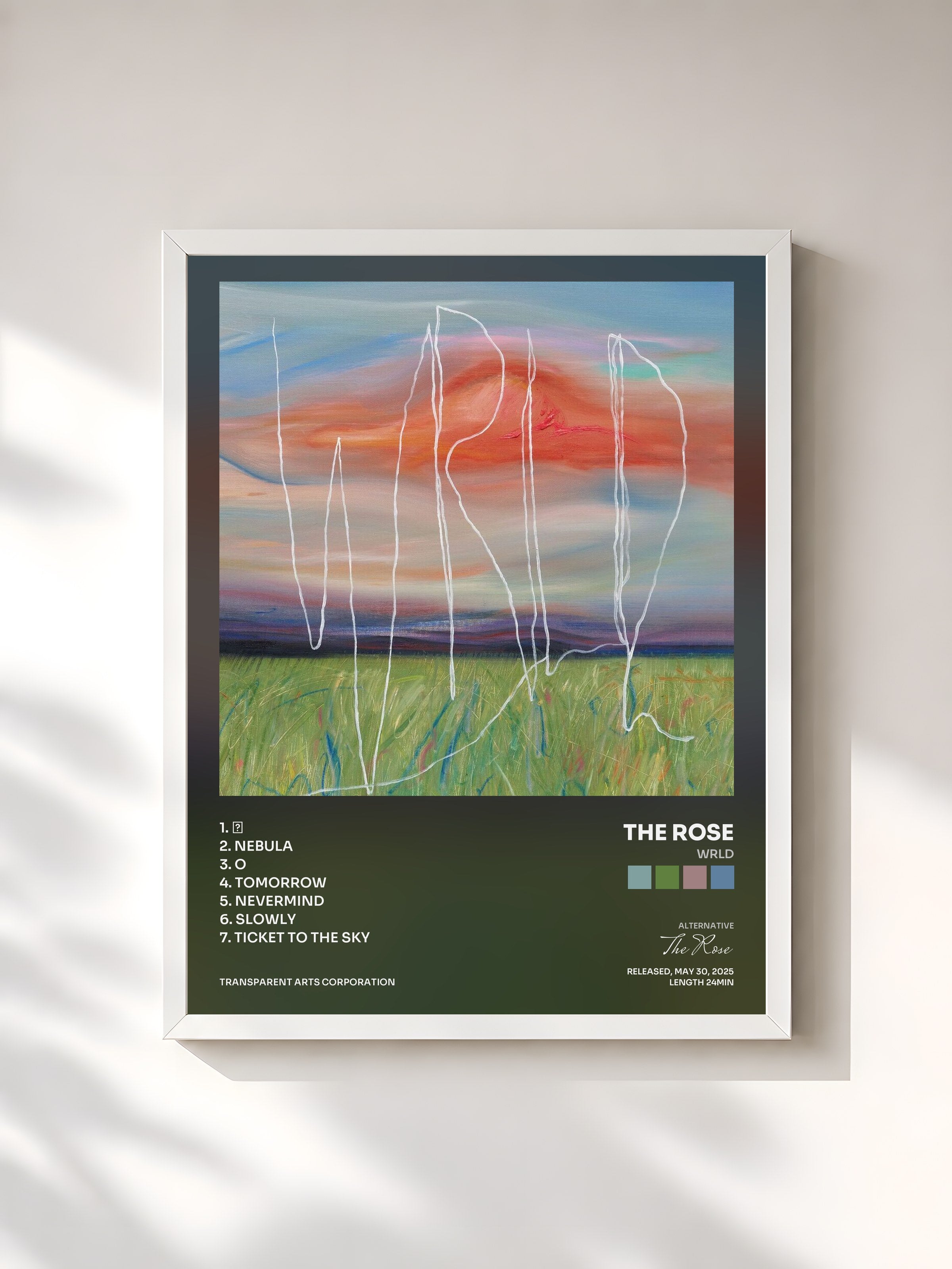 #blanc Tableau de l'album WRLD de The Rose, cadre blanc, imprimé et encadré en France