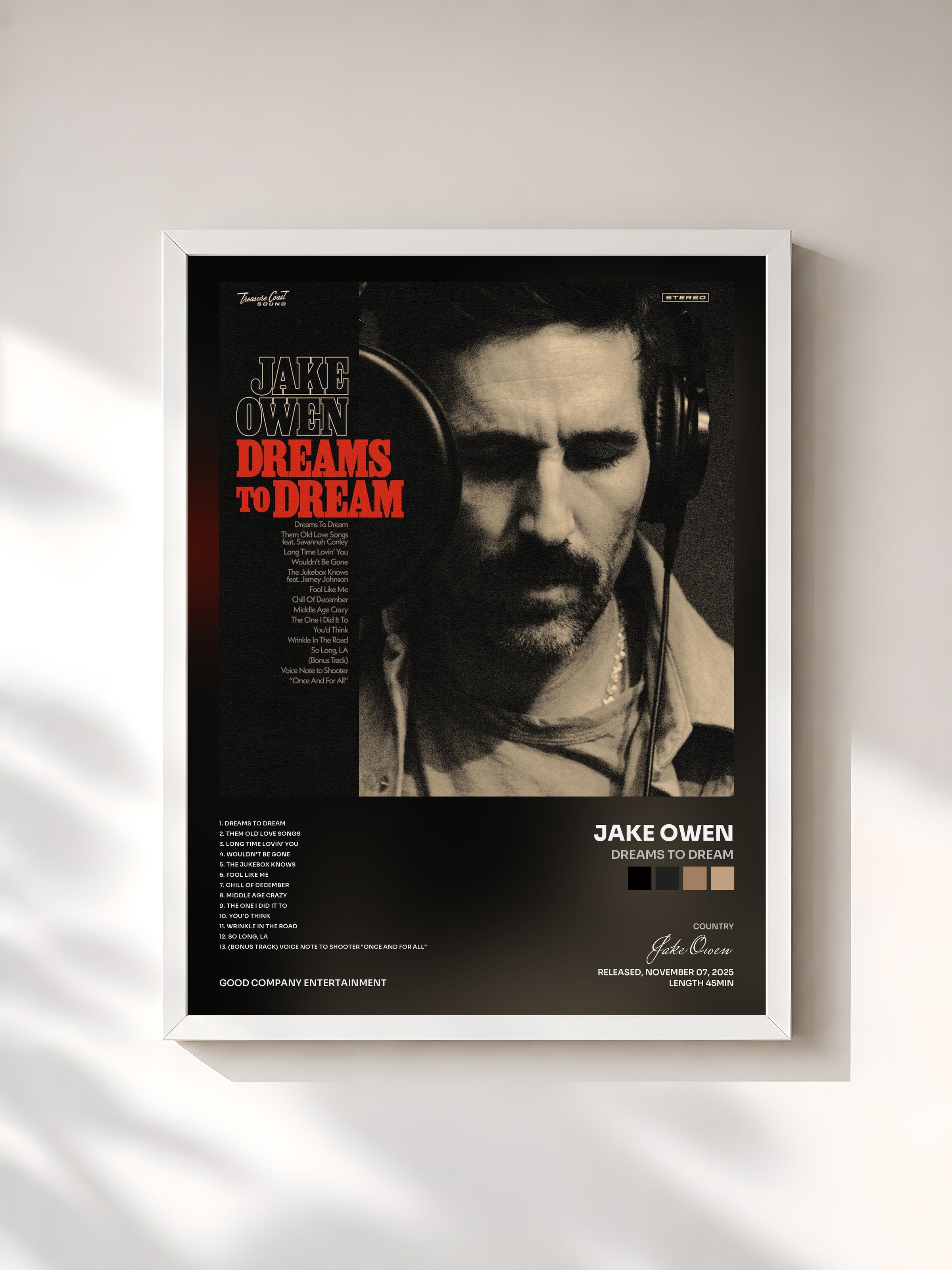 #blanc Tableau de l'album Dreams to Dream de Jake Owen, cadre blanc, imprimé et encadré en France