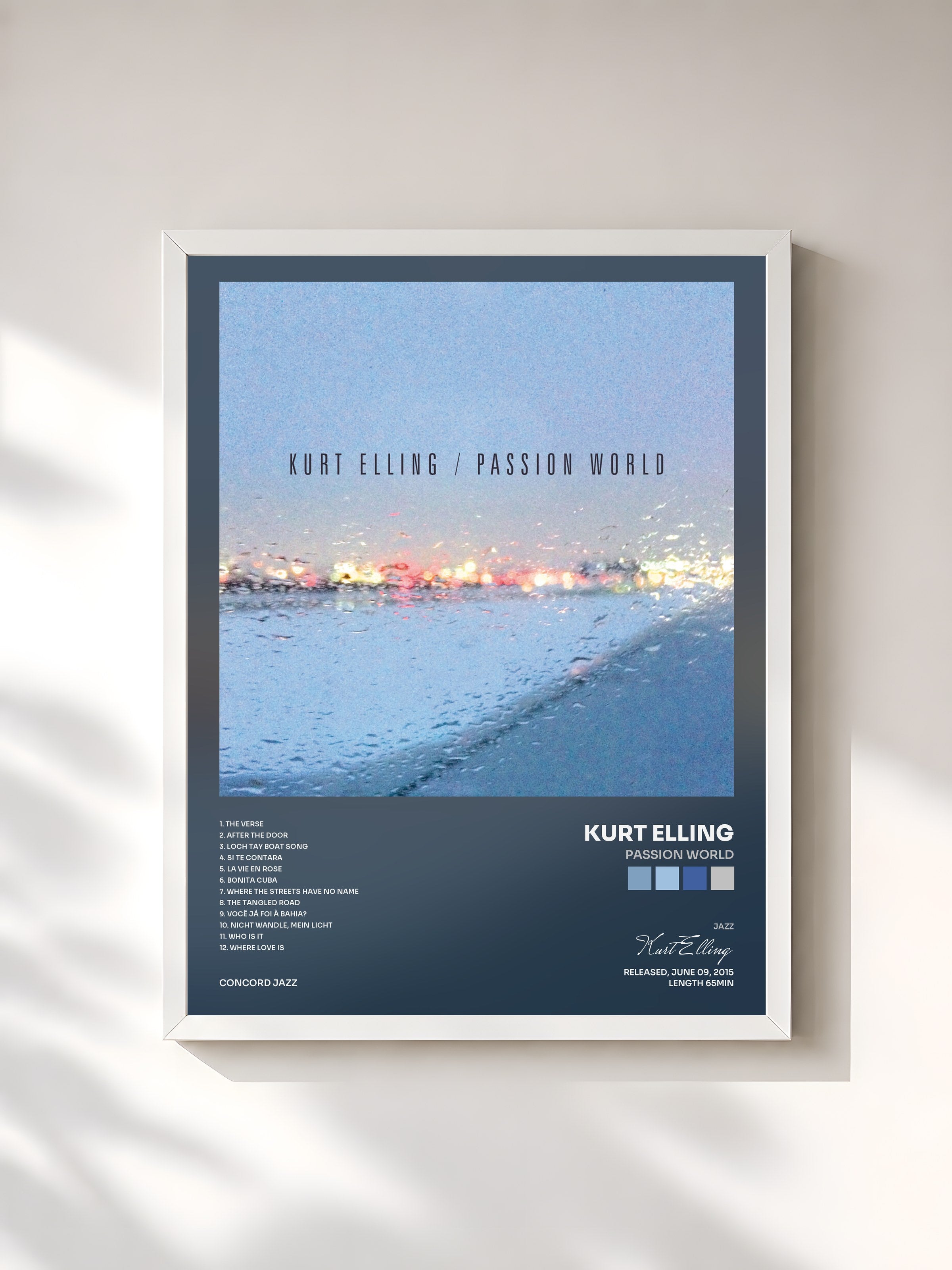 #blanc Tableau de l'album Passion World de Kurt Elling, cadre blanc, imprimé et encadré en France
