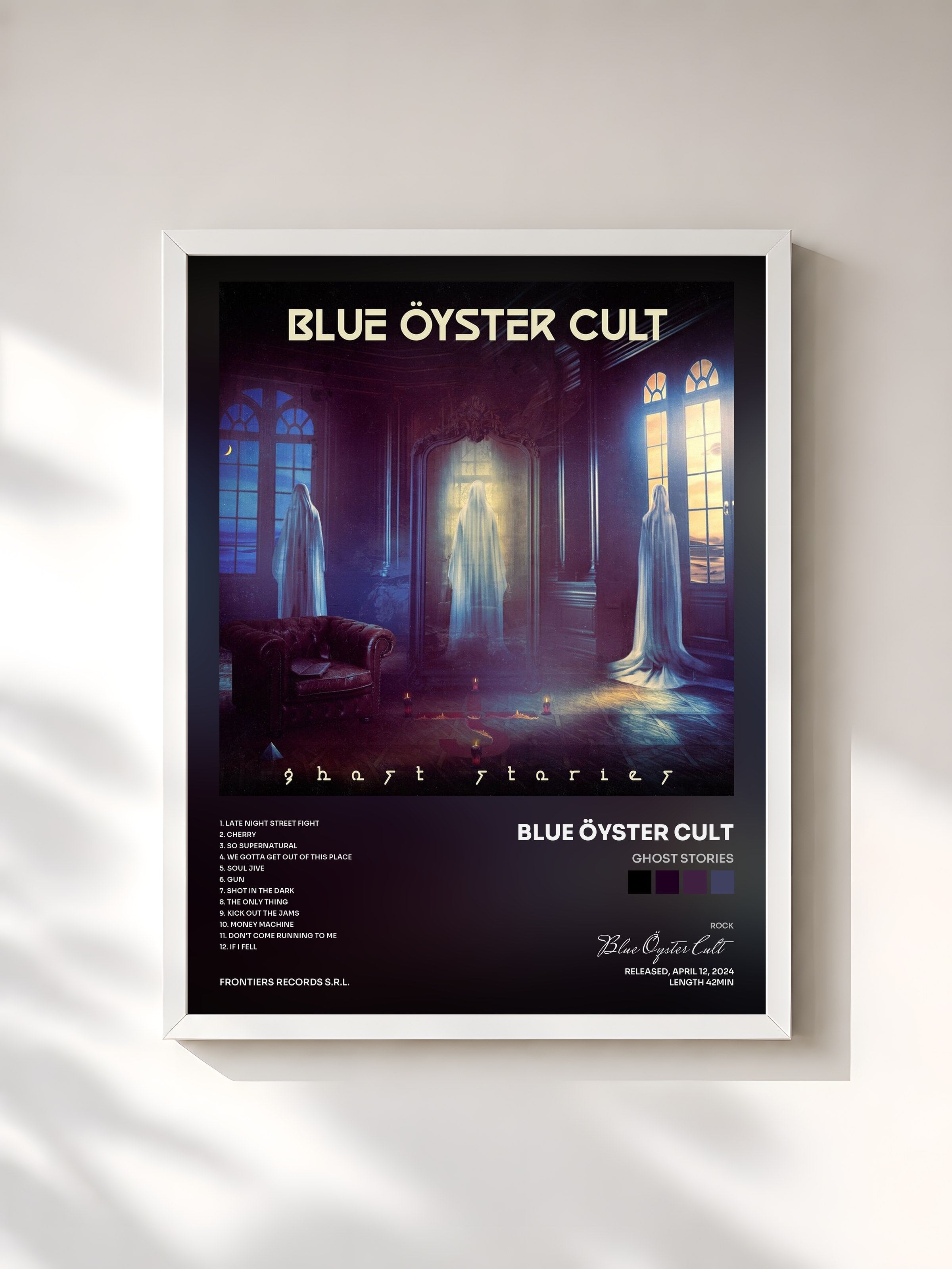 #blanc Tableau de l'album Ghost Stories de Blue Öyster Cult, cadre blanc, imprimé et encadré en France