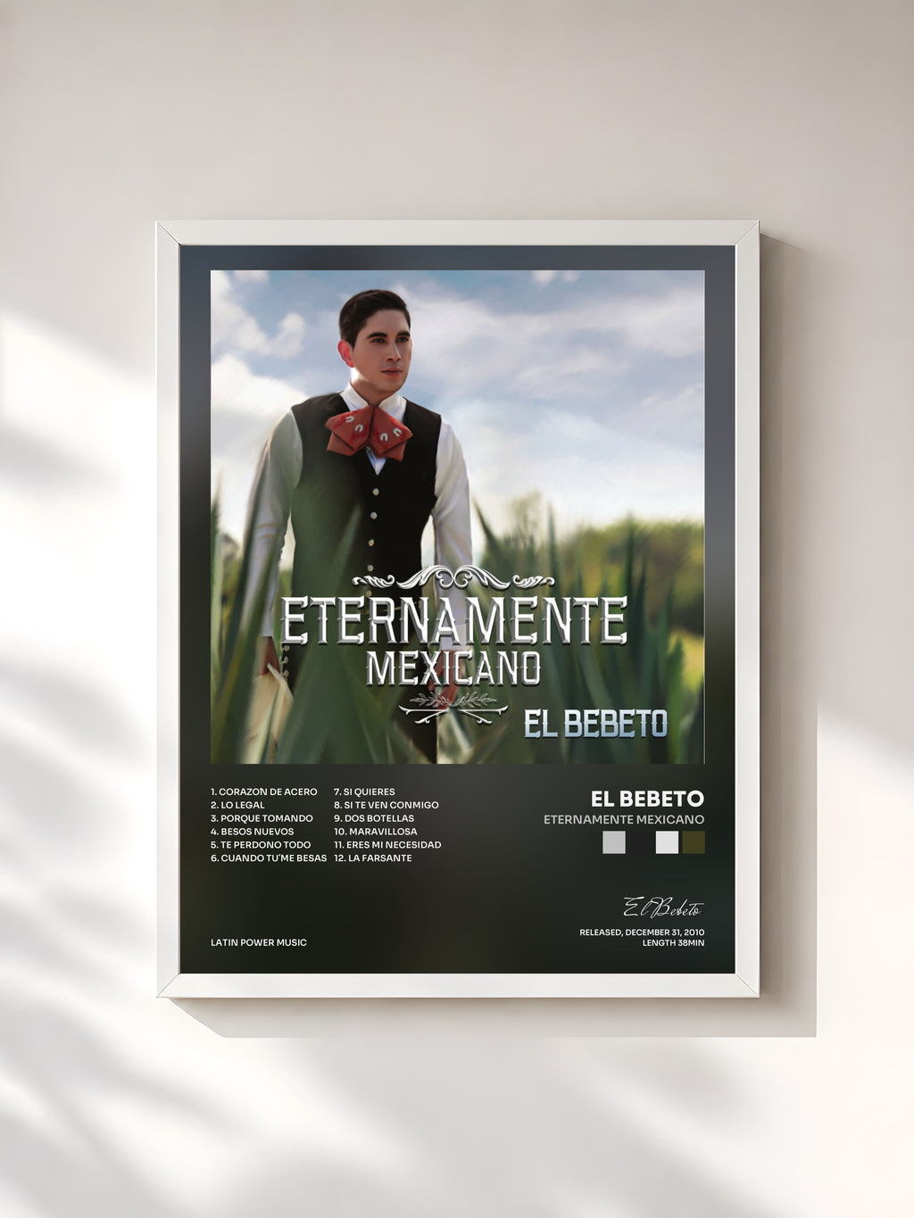 #blanc Tableau de l'album Eternamente Mexicano de El Bebeto, cadre blanc, imprimé et encadré en France