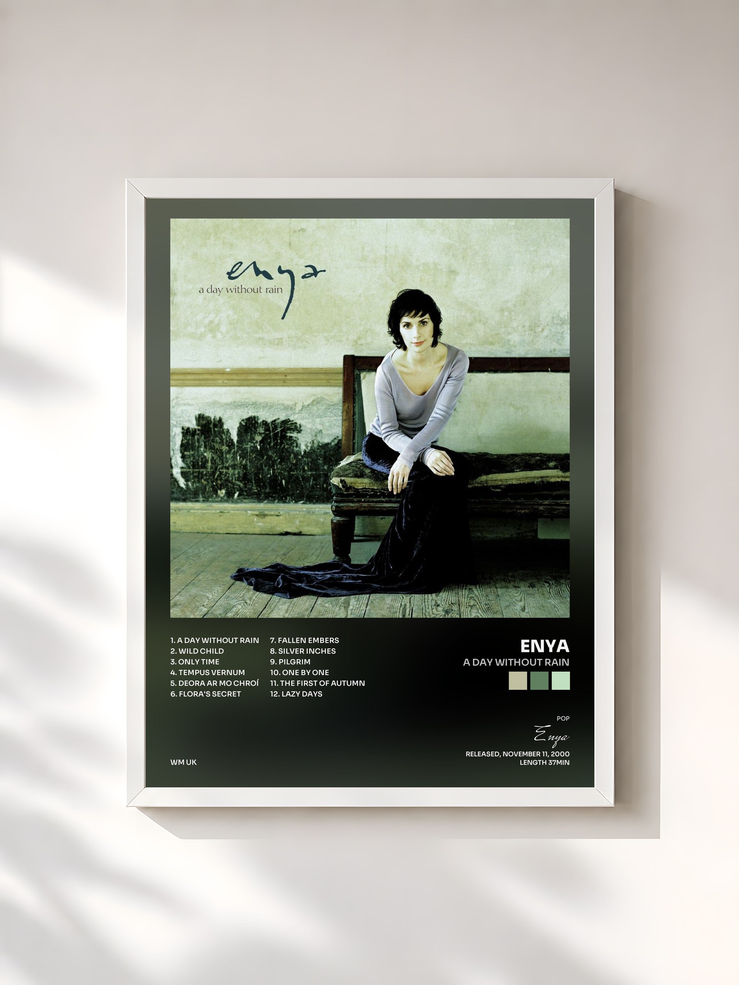 #blanc Tableau de l'album A Day Without Rain de Enya, cadre blanc, imprimé et encadré en France