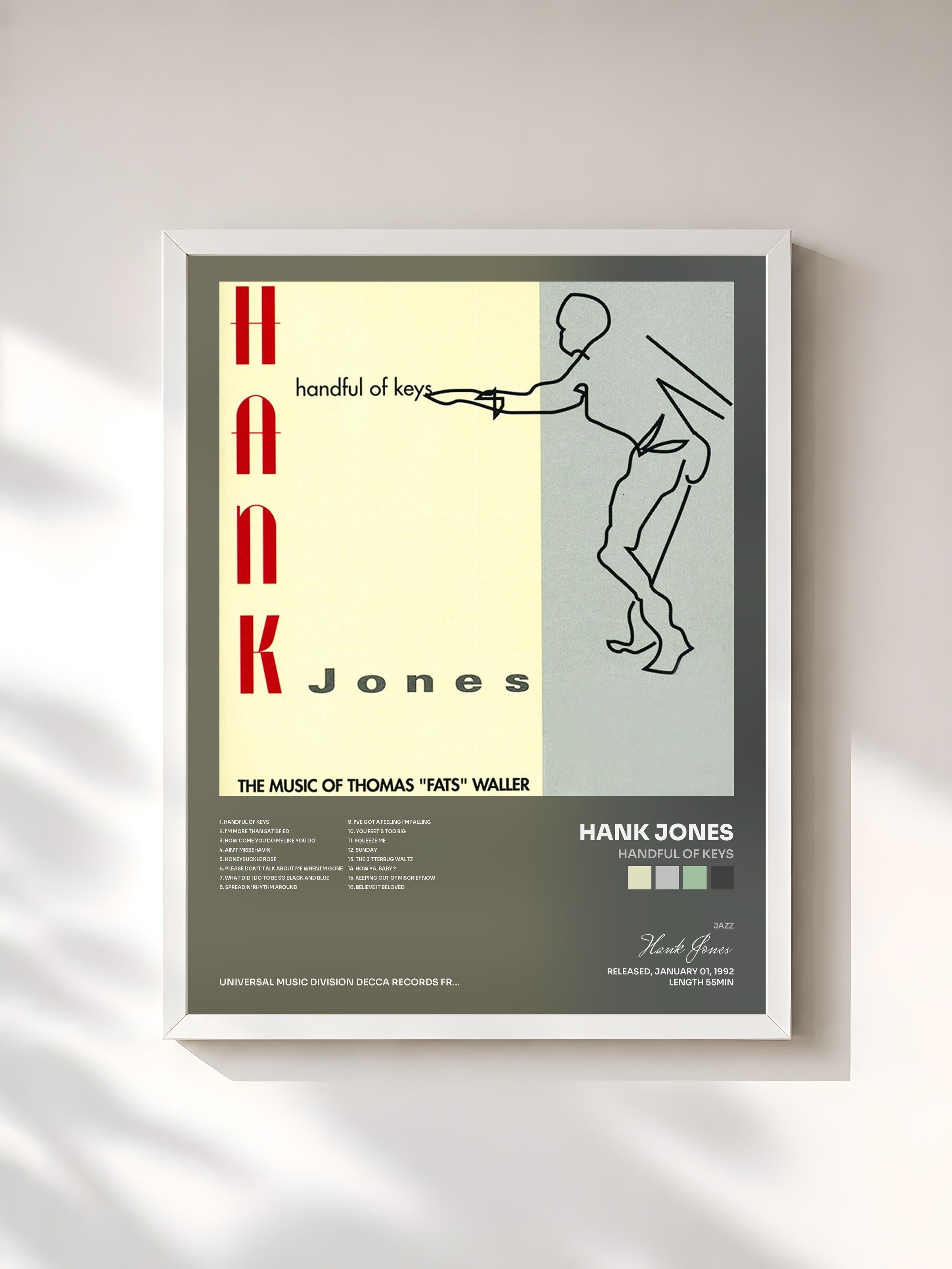 #blanc Tableau de l'album Handful Of Keys de Hank Jones, cadre blanc, imprimé et encadré en France