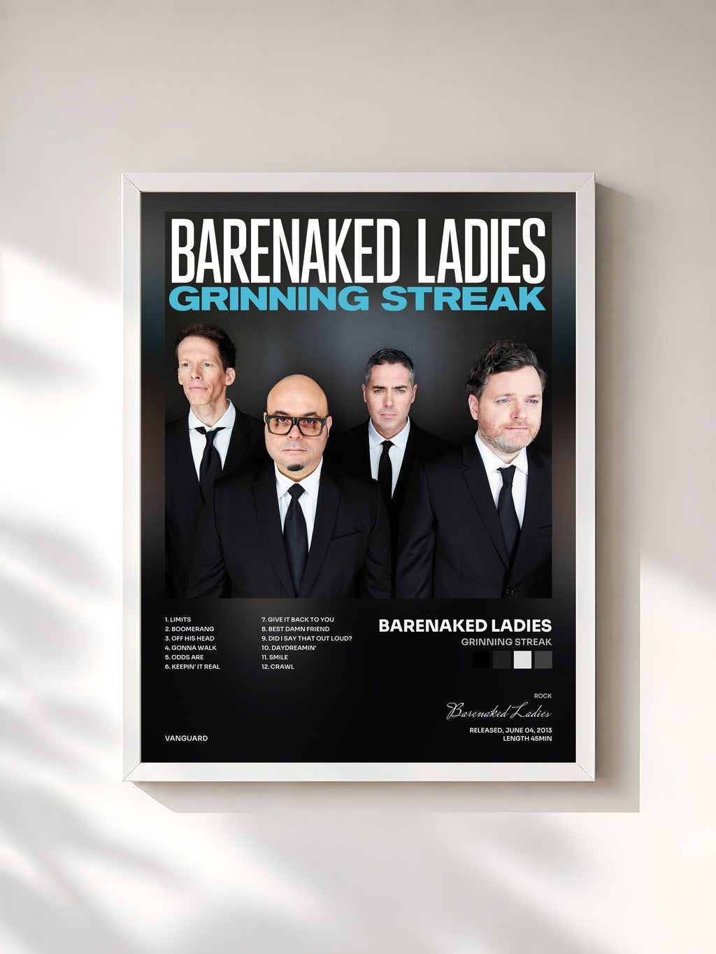 #blanc Tableau de l'album Grinning Streak de Barenaked Ladies, cadre blanc, imprimé et encadré en France