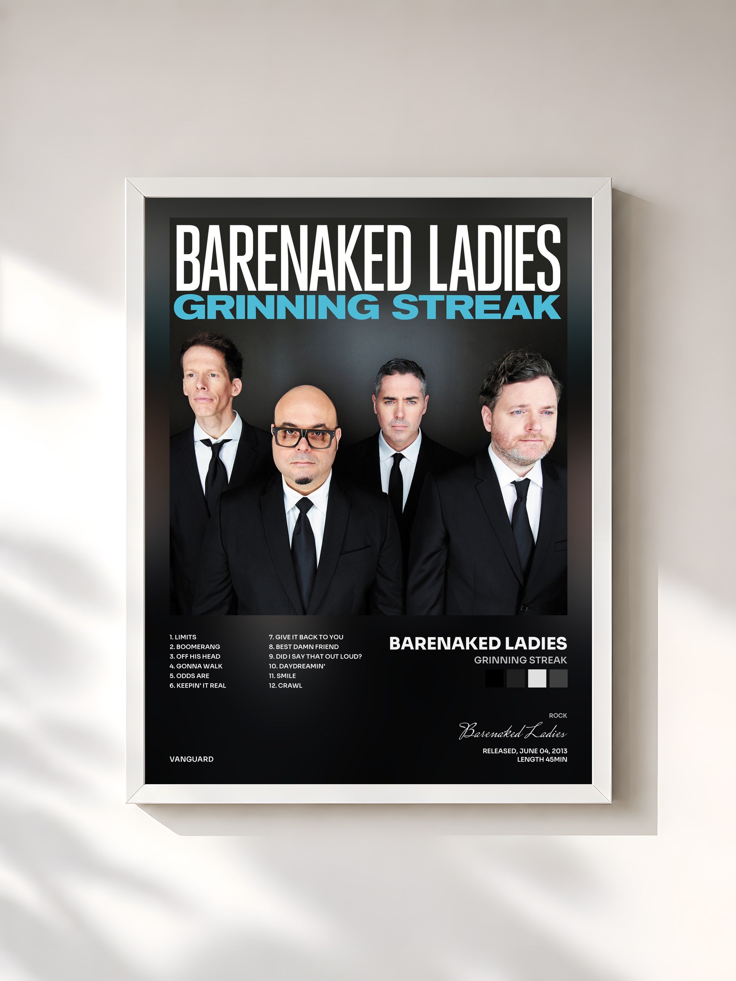 #blanc Tableau de l'album Grinning Streak de Barenaked Ladies, cadre blanc, imprimé et encadré en France
