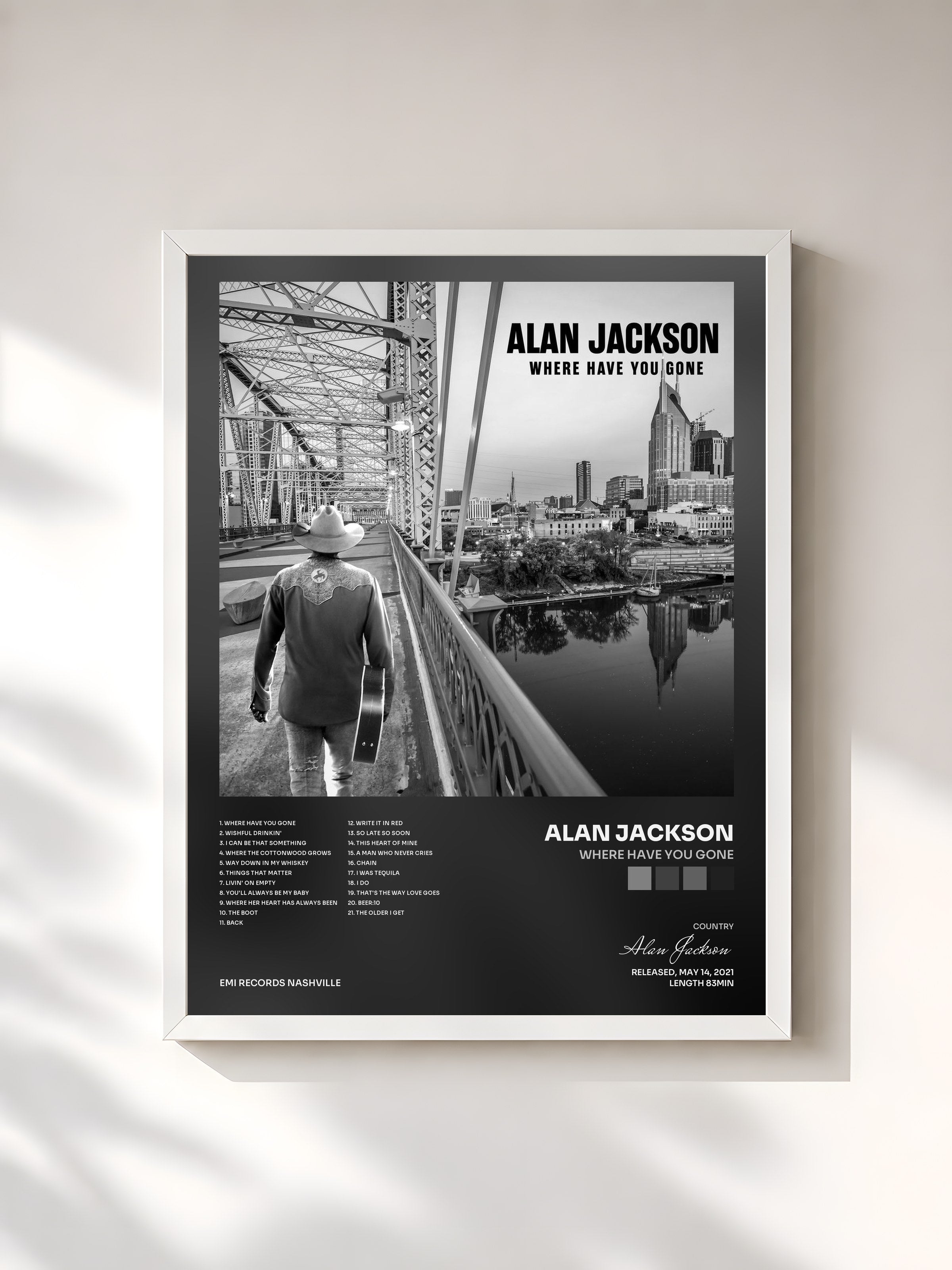 #blanc Tableau de l'album Where Have You Gone de Alan Jackson, cadre blanc, imprimé et encadré en France