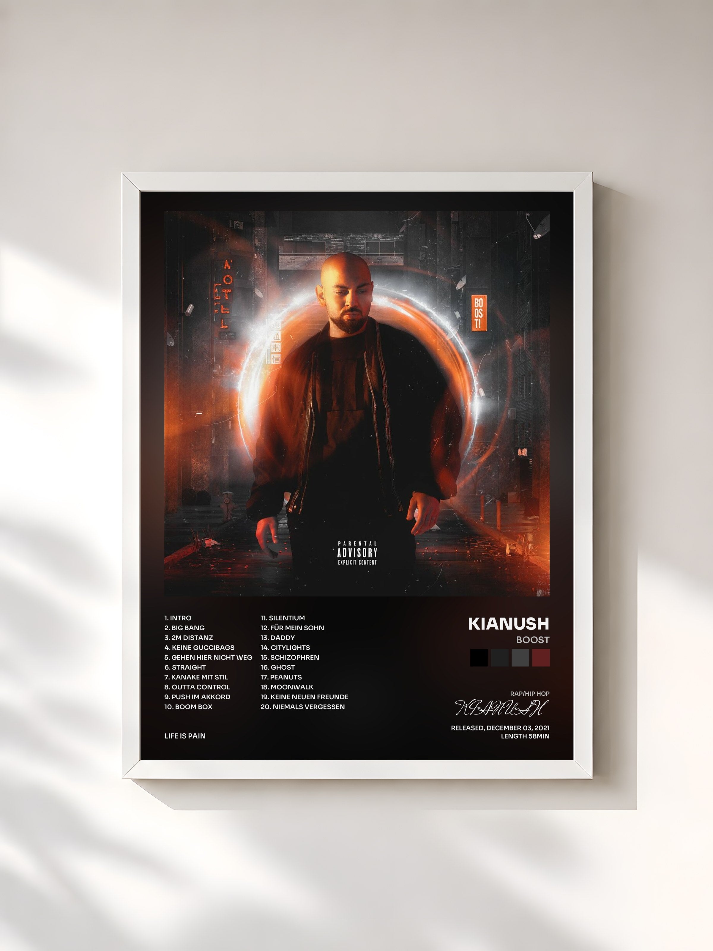 #blanc Tableau de l'album Boost de KIANUSH, cadre blanc, imprimé et encadré en France
