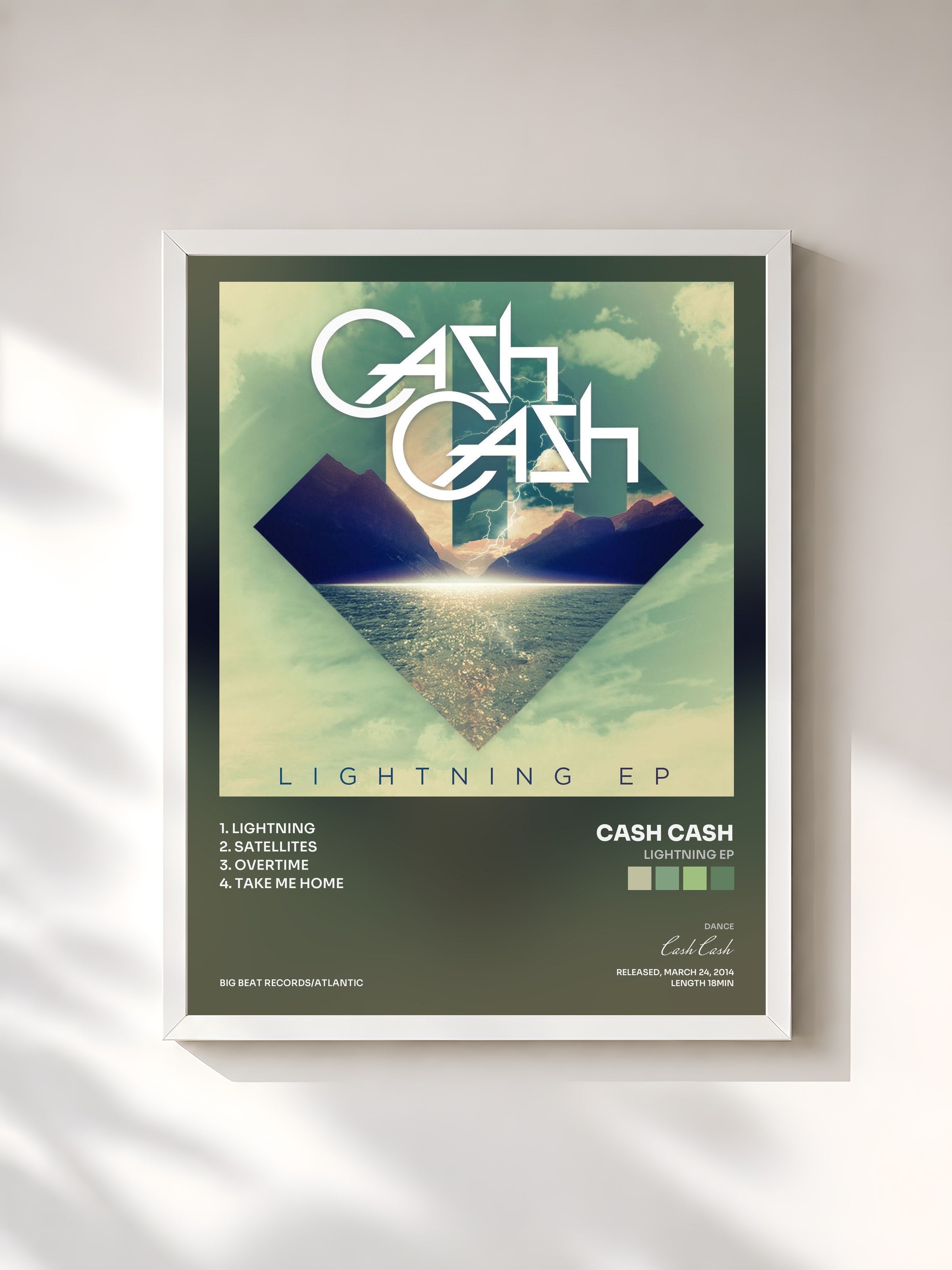 #blanc Tableau de l'album Lightning EP de Cash Cash, cadre blanc, imprimé et encadré en France