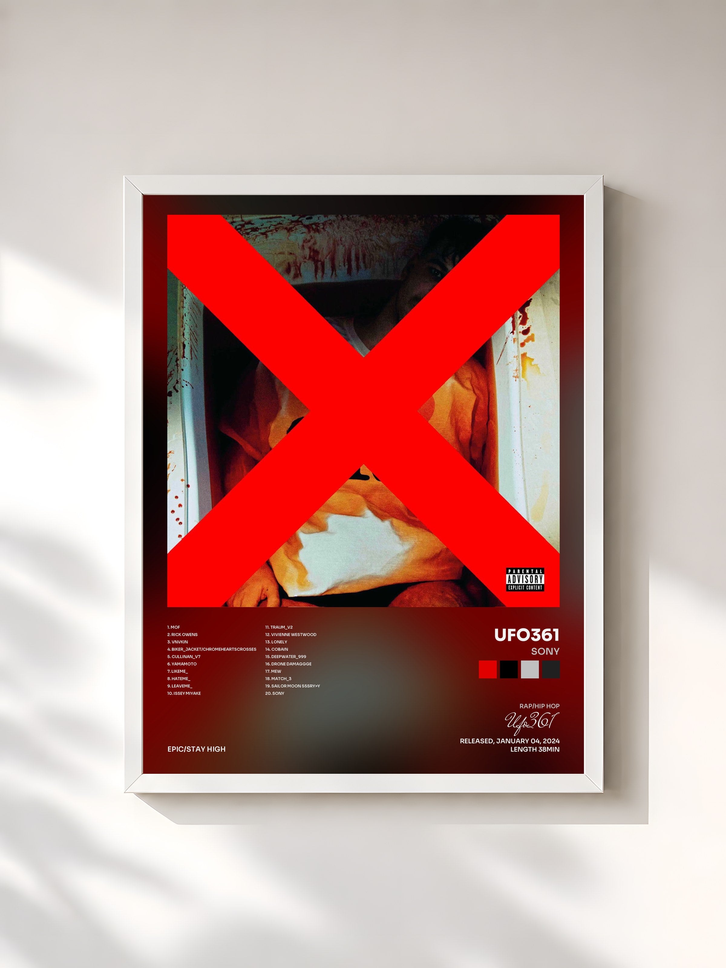#blanc Tableau de l'album SONY de Ufo361, cadre blanc, imprimé et encadré en France