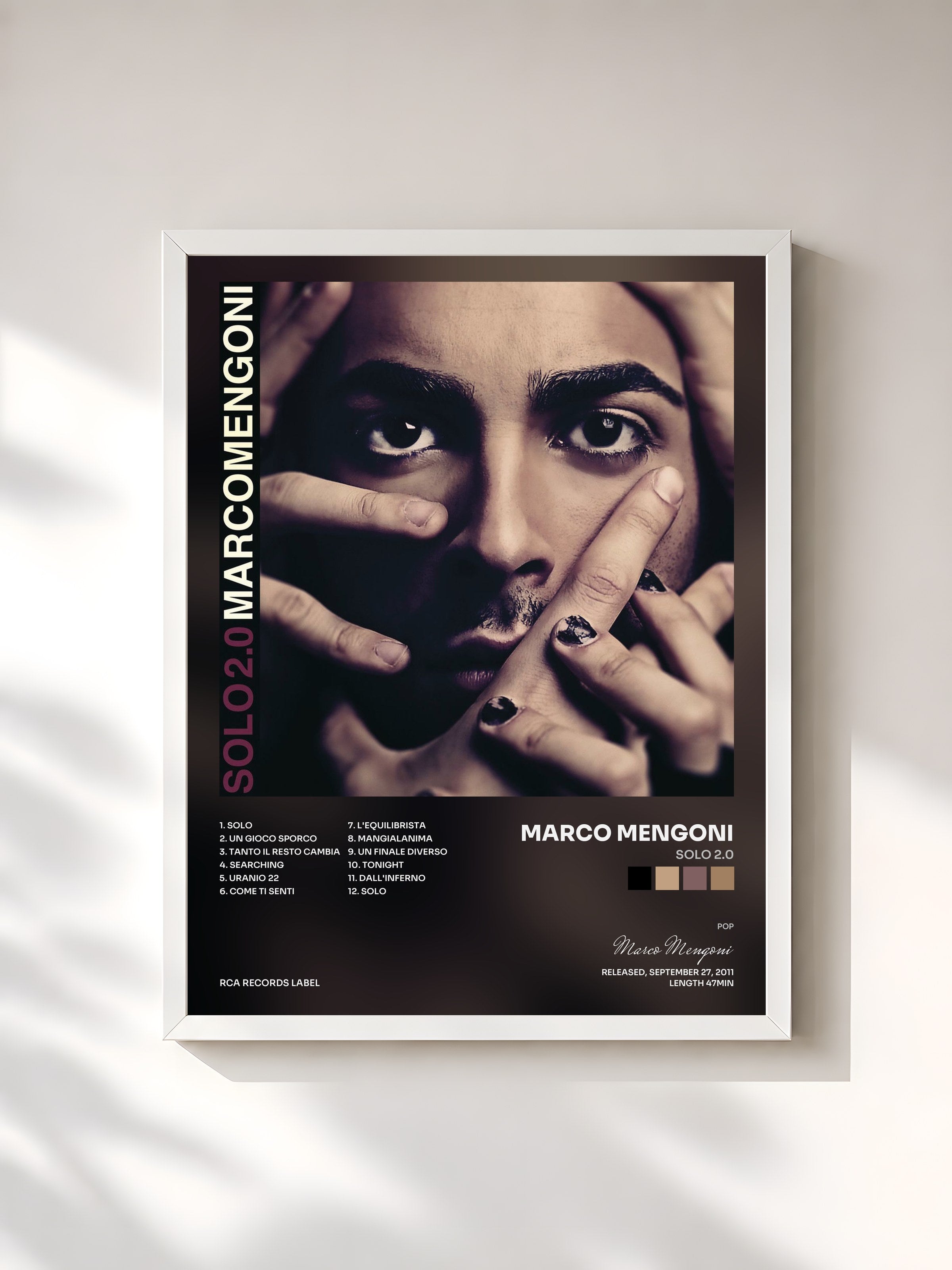 #blanc Tableau de l'album Solo 2.0 de Marco Mengoni, cadre blanc, imprimé et encadré en France