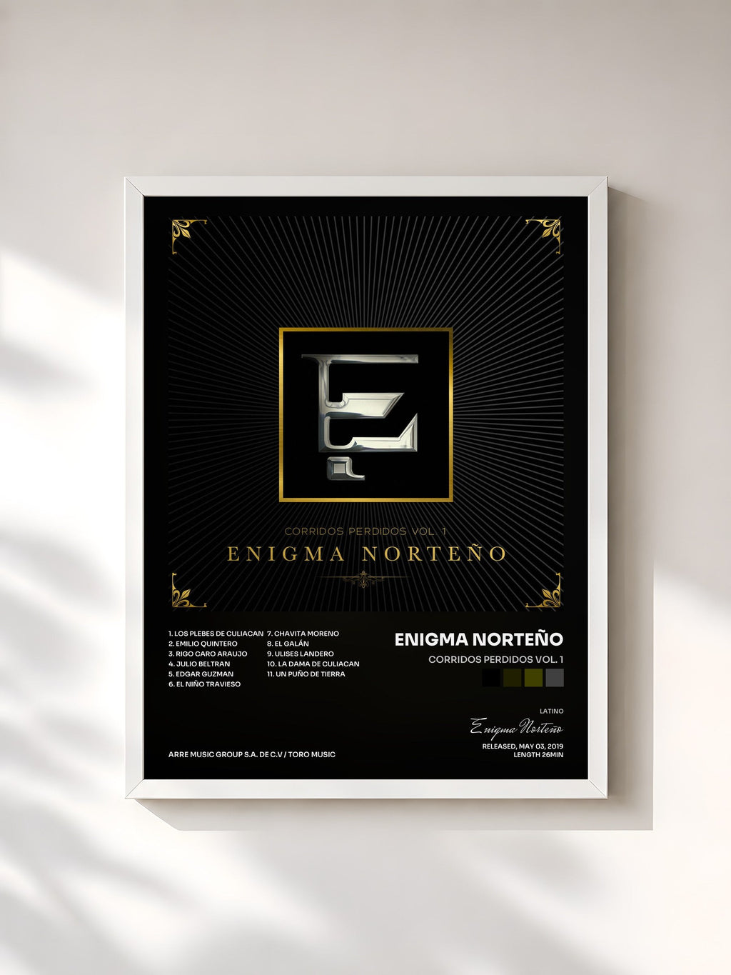 #blanc Tableau de l'album Corridos Perdidos Vol. 1 de Enigma Norteño, cadre blanc, imprimé et encadré en France