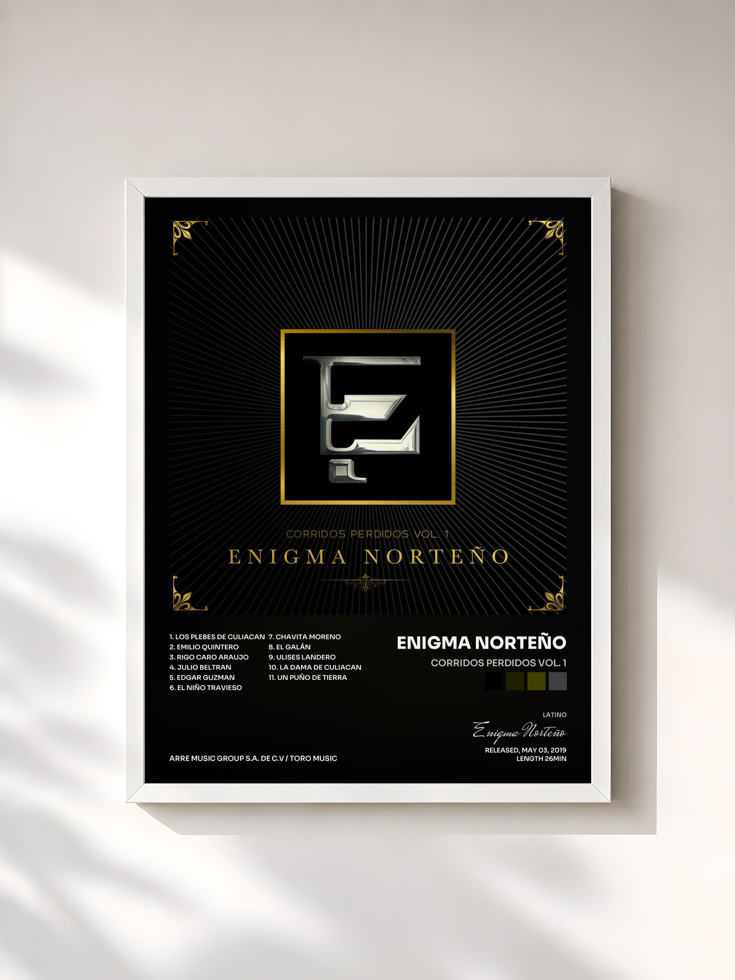 #blanc Tableau de l'album Corridos Perdidos Vol. 1 de Enigma Norteño, cadre blanc, imprimé et encadré en France