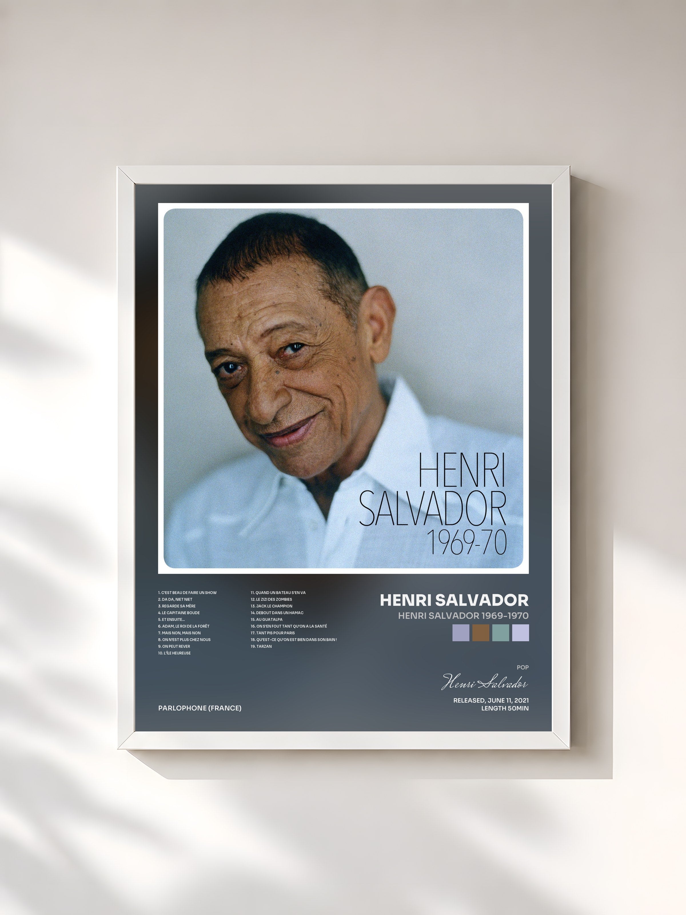 #blanc Tableau de l'album Henri Salvador 1969-1970 de Henri Salvador, cadre blanc, imprimé et encadré en France
