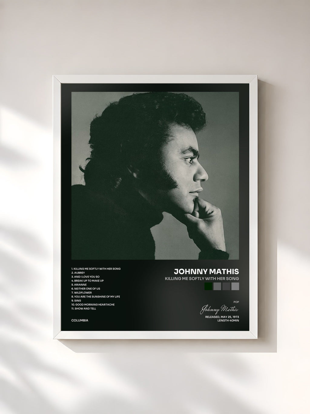#blanc Killing Me Softly with Her Song de Johnny Mathis en lámina enmarcada, marco blanco, impresa y enmarcada en Francia