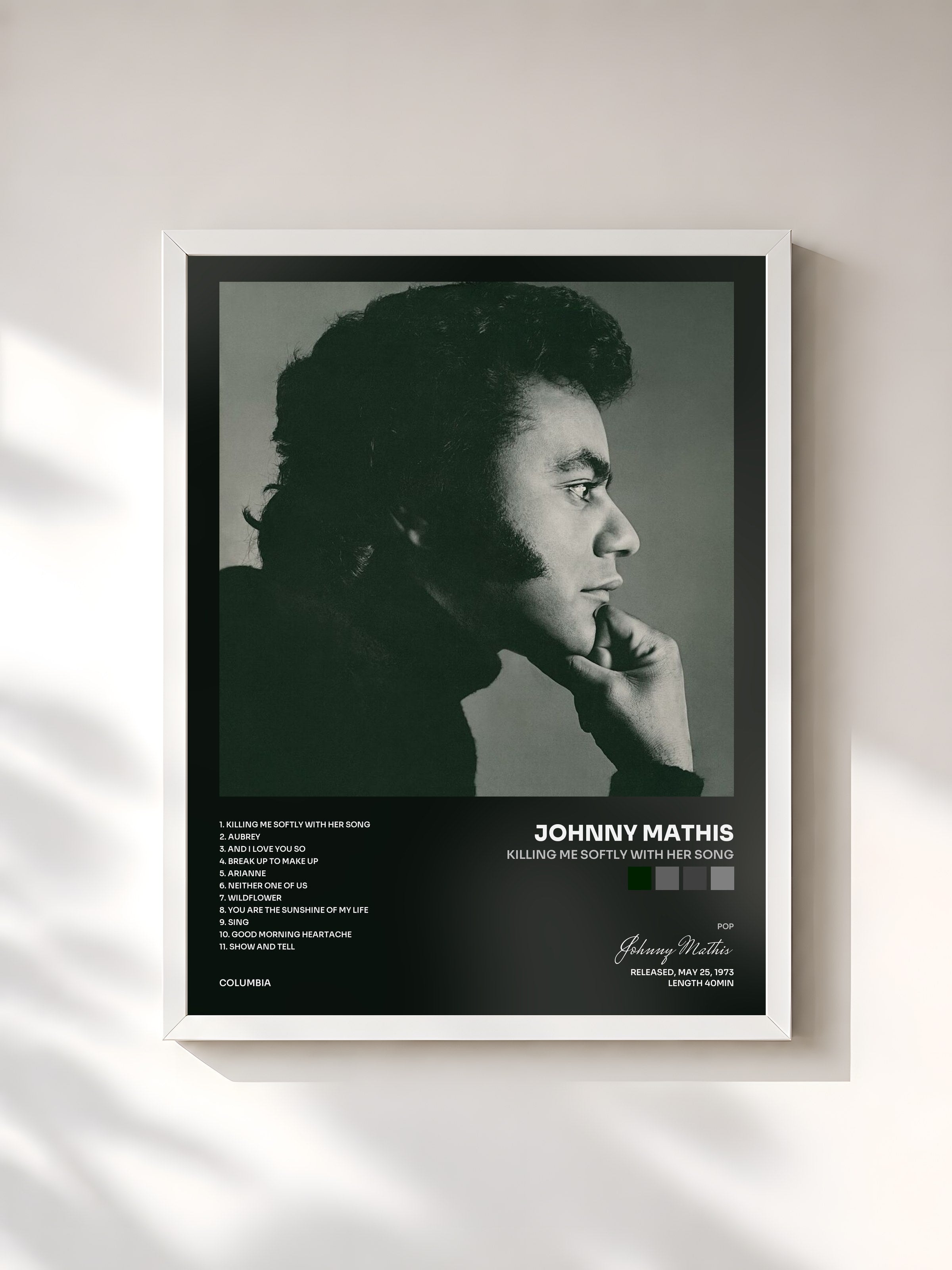 #blanc Tableau de l'album Killing Me Softly with Her Song de Johnny Mathis, cadre blanc, imprimé et encadré en France