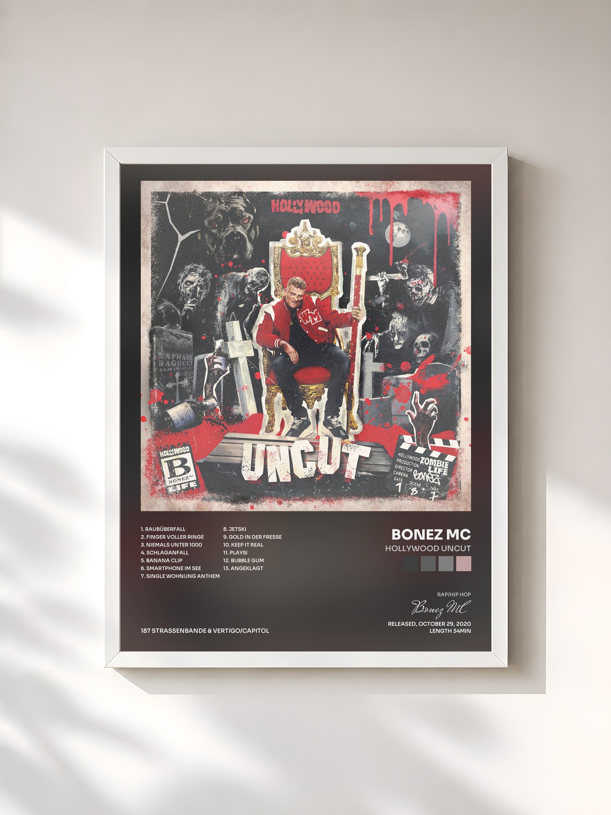 #blanc Tableau de l'album Hollywood Uncut de Bonez MC, cadre blanc, imprimé et encadré en France