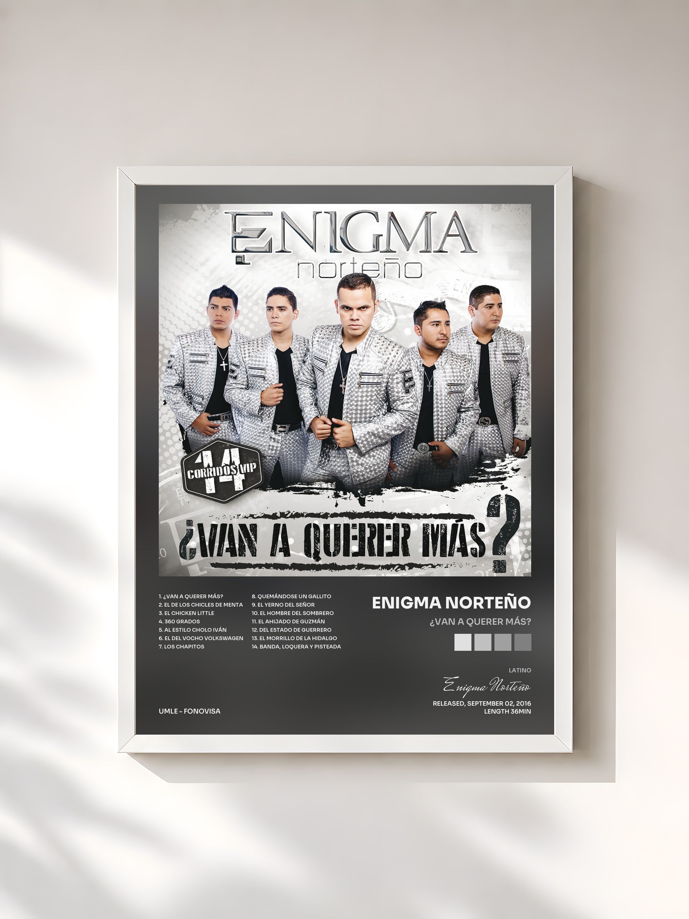 #blanc Tableau de l'album ¿Van A Querer Más? de Enigma Norteño, cadre blanc, imprimé et encadré en France