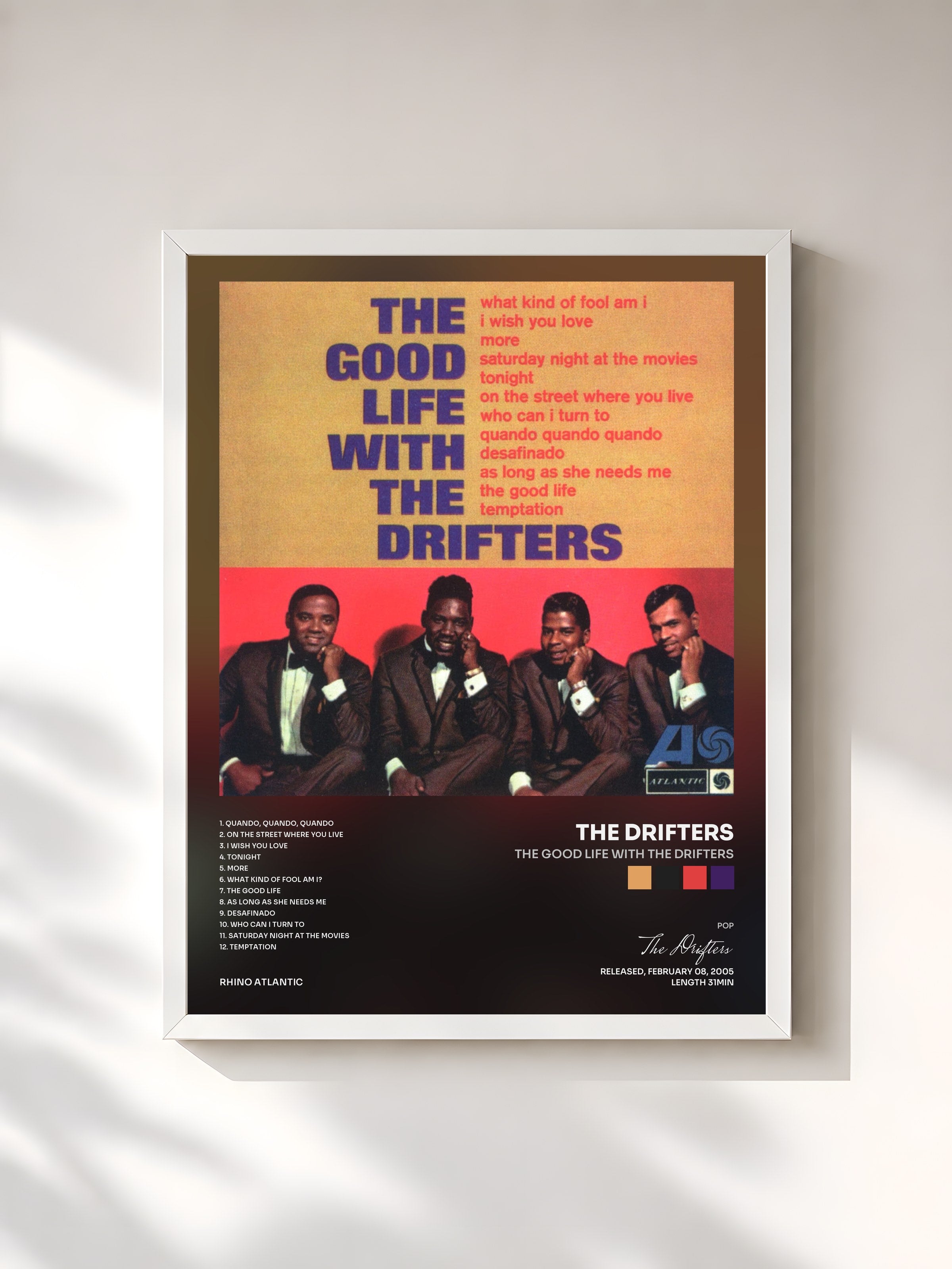 #blanc Tableau de l'album The Good Life With the Drifters de The Drifters, cadre blanc, imprimé et encadré en France