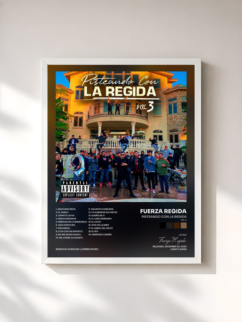 #blanc Pisteando Con La Regida (Vol. 3) by Fuerza Regida as a framed art print, white frame, printed and framed in France