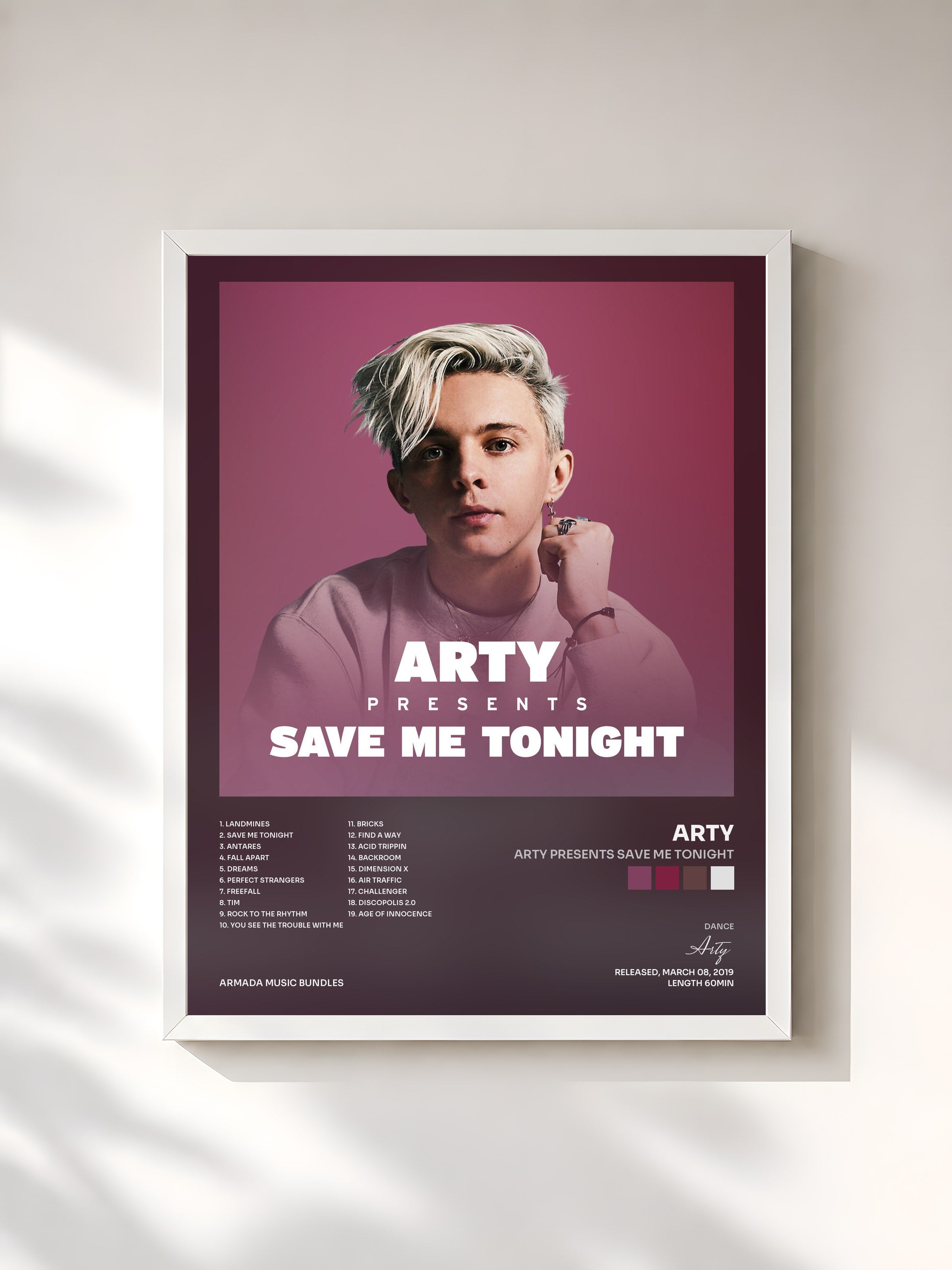 #blanc Tableau de l'album ARTY presents Save Me Tonight de Arty, cadre blanc, imprimé et encadré en France