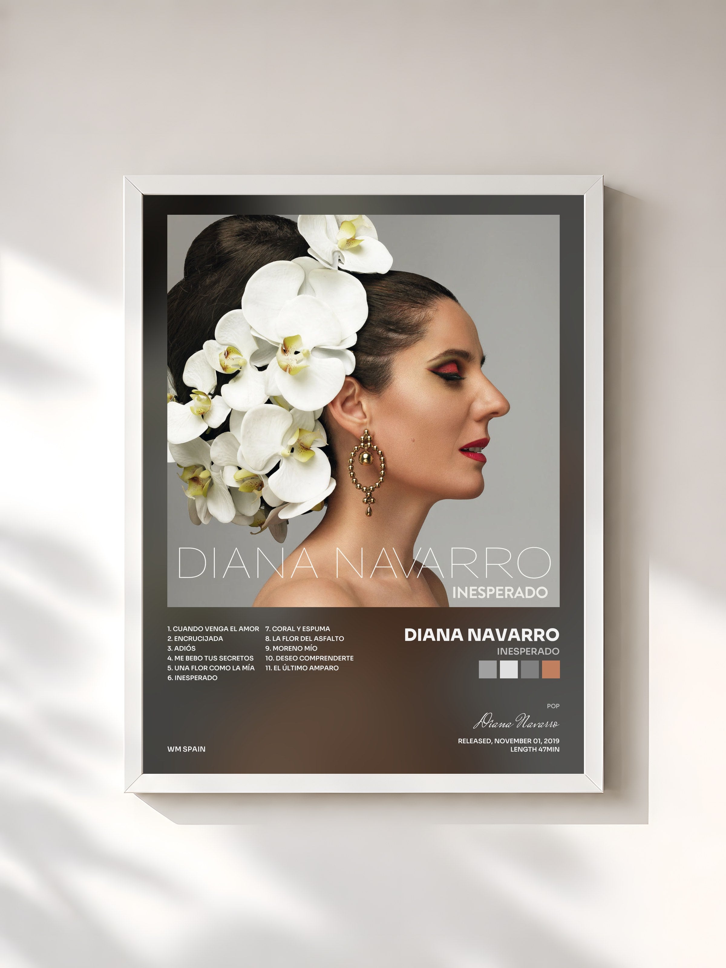 #blanc Tableau de l'album Inesperado de Diana Navarro, cadre blanc, imprimé et encadré en France