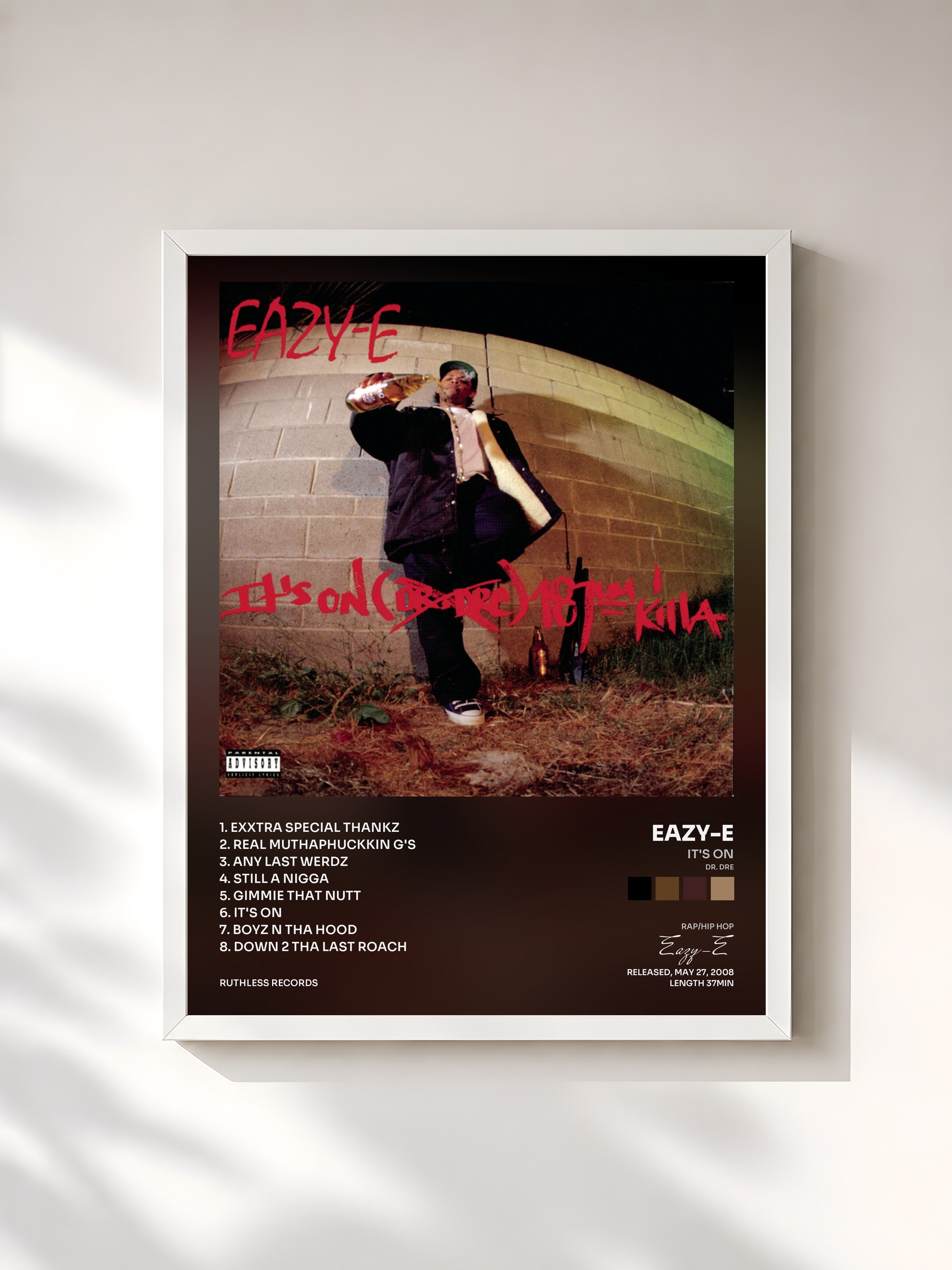 #blanc Tableau de l'album It's On (Dr. Dre) 187um Killa de Eazy-E, cadre blanc, imprimé et encadré en France