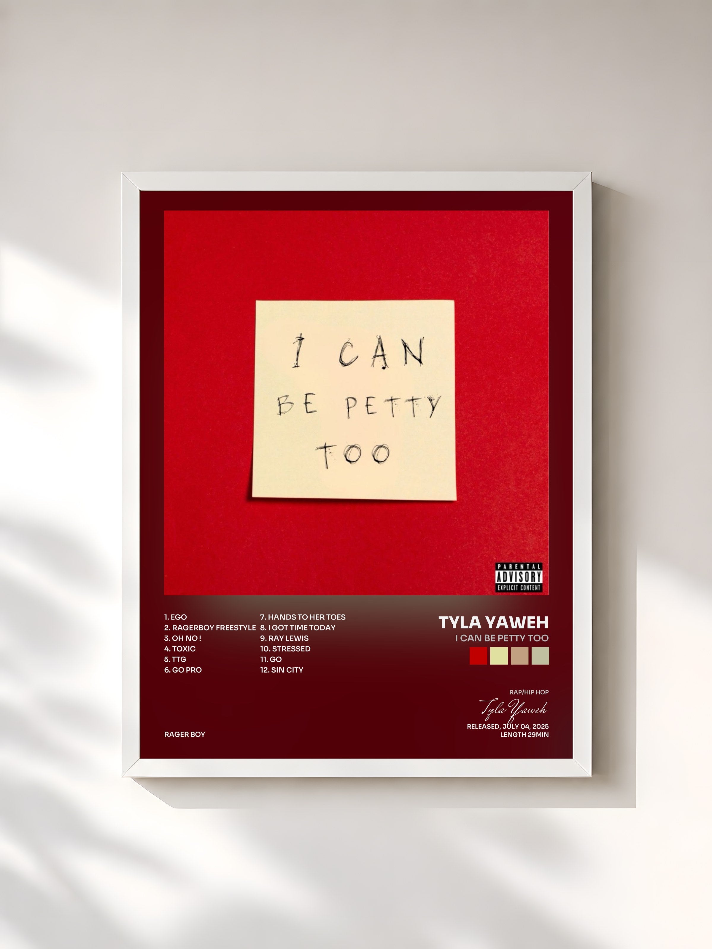 #blanc Tableau de l'album I CAN BE PETTY TOO de Tyla Yaweh, cadre blanc, imprimé et encadré en France