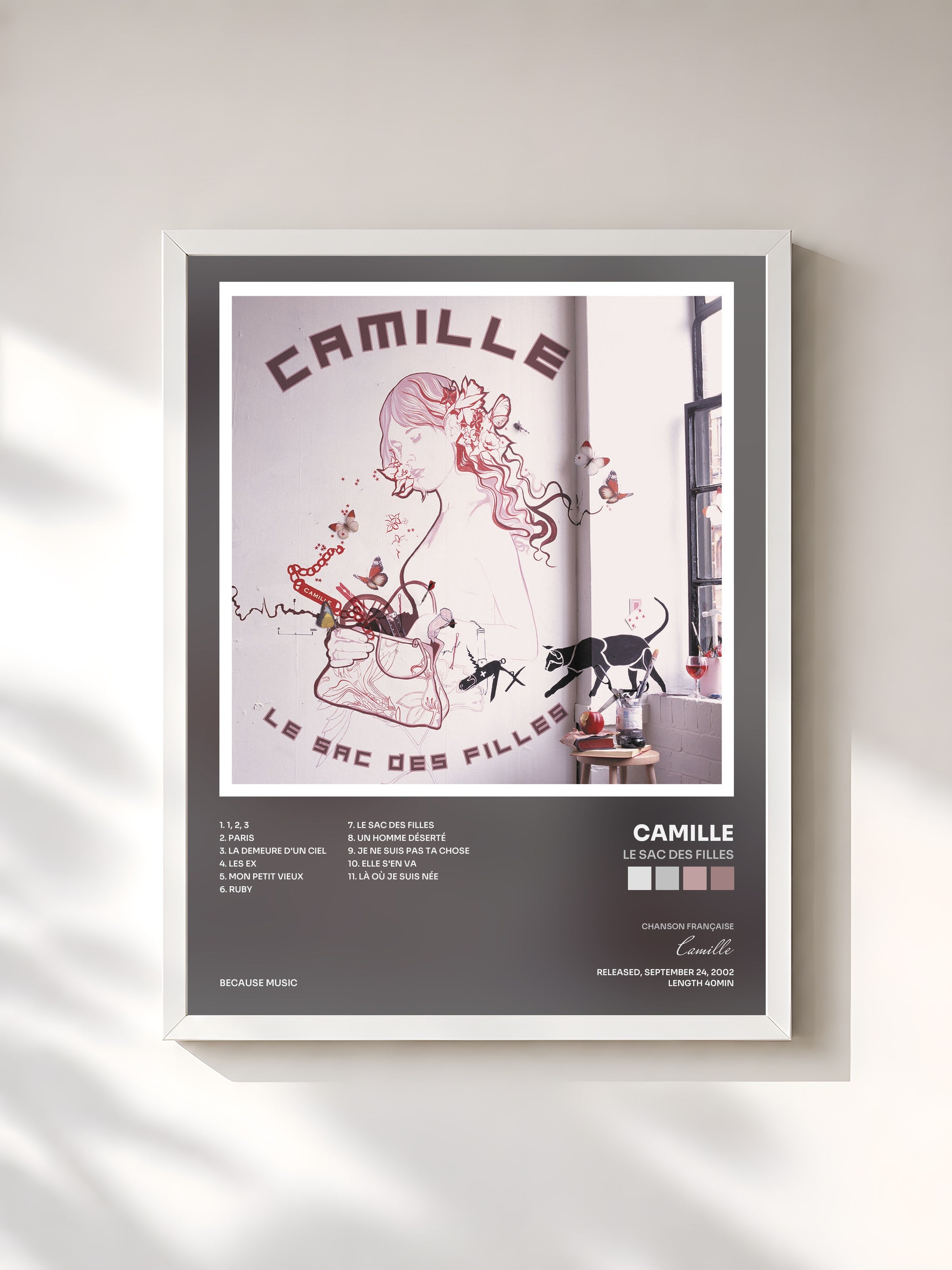 #blanc Tableau de l'album Le sac des filles de Camille, cadre blanc, imprimé et encadré en France