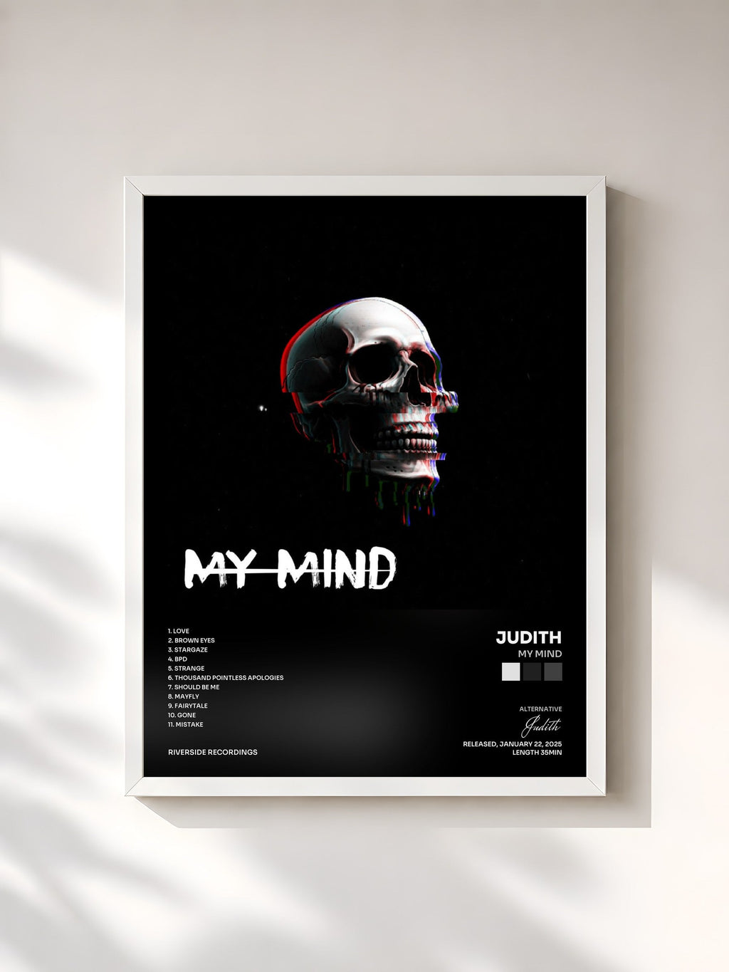 #blanc Tableau de l'album My Mind de Judith, cadre blanc, imprimé et encadré en France